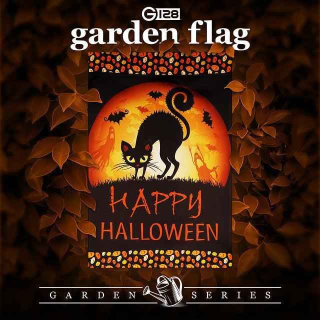G128 Garden Flag Happy Halloween Black Cat and Ghosts | 12x18 Inch | Printed Blockout Polyester - Halloween Fall Decoration