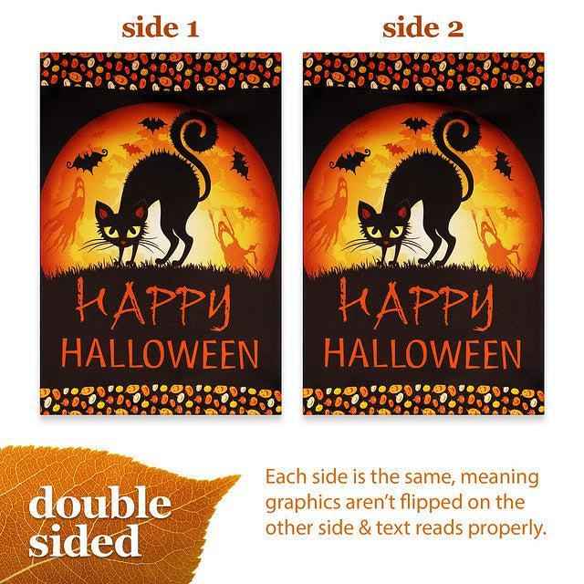 G128 Garden Flag Happy Halloween Black Cat and Ghosts | 12x18 Inch | Printed Blockout Polyester - Halloween Fall Decoration