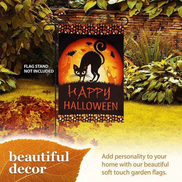 G128 Garden Flag Happy Halloween Black Cat and Ghosts | 12x18 Inch | Printed Blockout Polyester - Halloween Fall Decoration