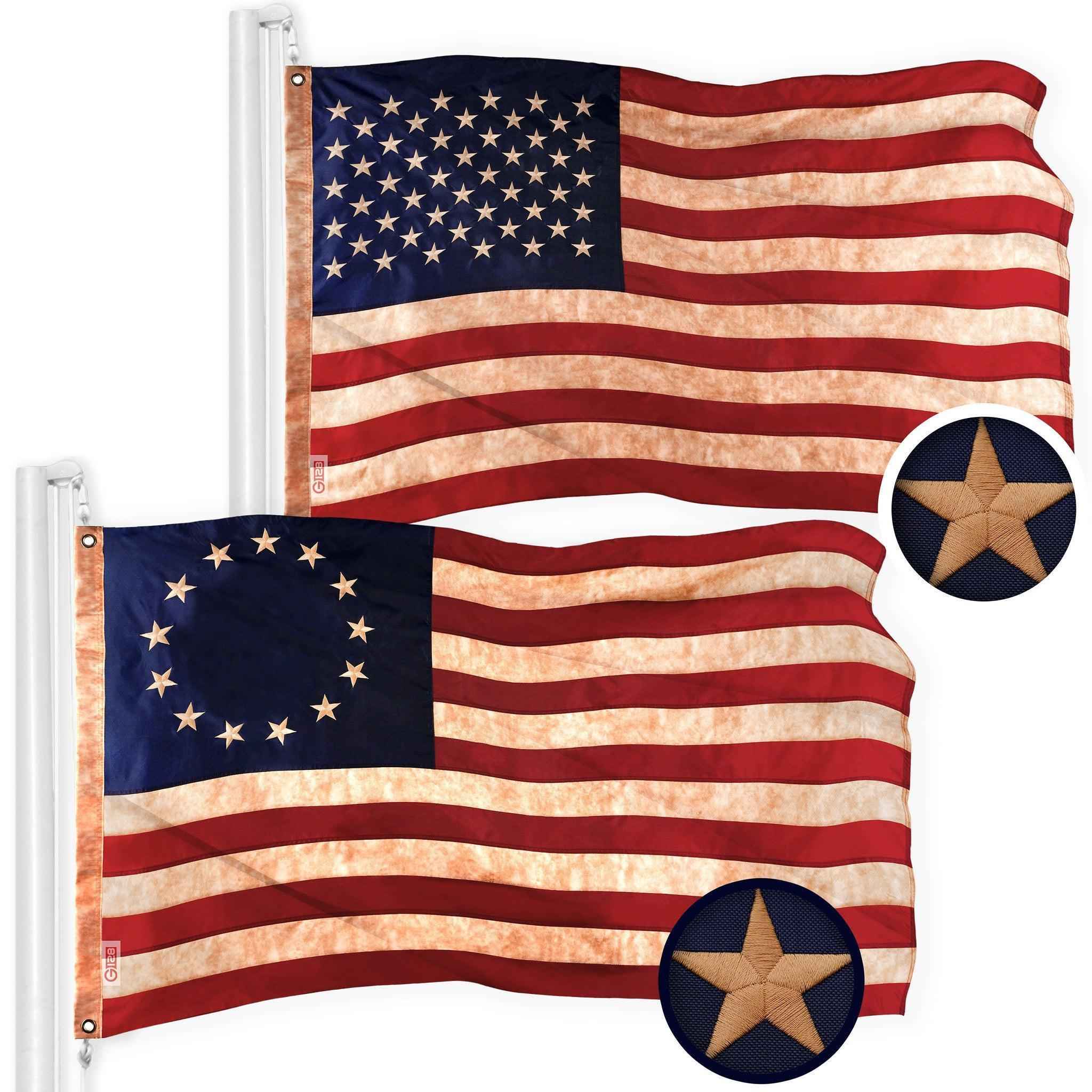G128 Combo Pack: American USA Tea-Stained Flag 3x5 Ft & Betsy Ross Tea-Stained Flag 3x5 Ft | Both ToughWeave Pro Series Embroidered 420D Polyester, Embroidered Design, Brass Grommets