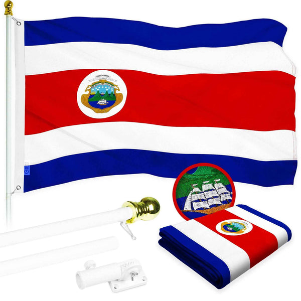 G128 Combo Pack: 6 Ft Tangle Free Aluminum Spinning Flagpole (White) & Costa Rica Costa Rican Flag 3x5 Ft, ToughWeave Series Embroidered 300D Polyester | Pole with Flag Included