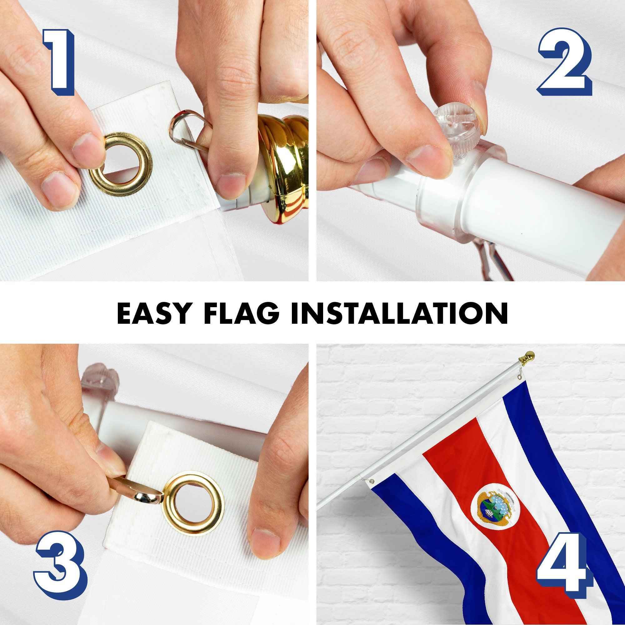 G128 Combo Pack: 6 Ft Tangle Free Aluminum Spinning Flagpole (White) & Costa Rica Costa Rican Flag 3x5 Ft, ToughWeave Series Embroidered 300D Polyester | Pole with Flag Included