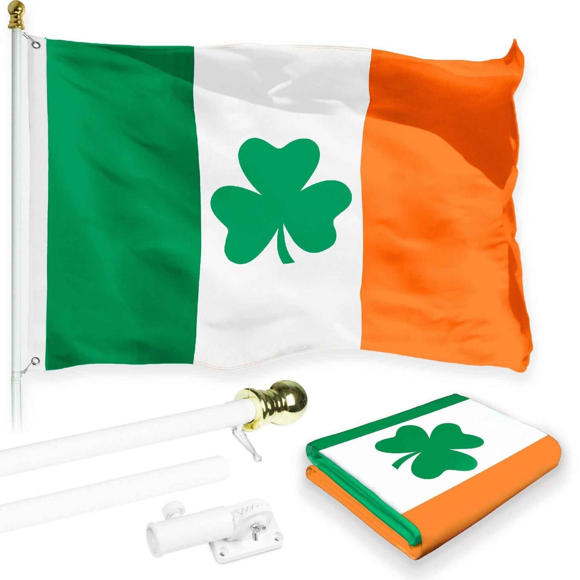 G128 Combo Pack: 6 Feet Tangle Free Spinning Flagpole (White) Ireland Irish Shamrock Flag 3x5 ft Printed 150D Brass Grommets (Flag Included) Aluminum Flag Pole