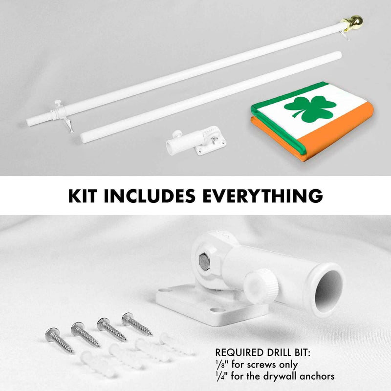 G128 Combo Pack: 6 Feet Tangle Free Spinning Flagpole (White) Ireland Irish Shamrock Flag 3x5 ft Printed 150D Brass Grommets (Flag Included) Aluminum Flag Pole