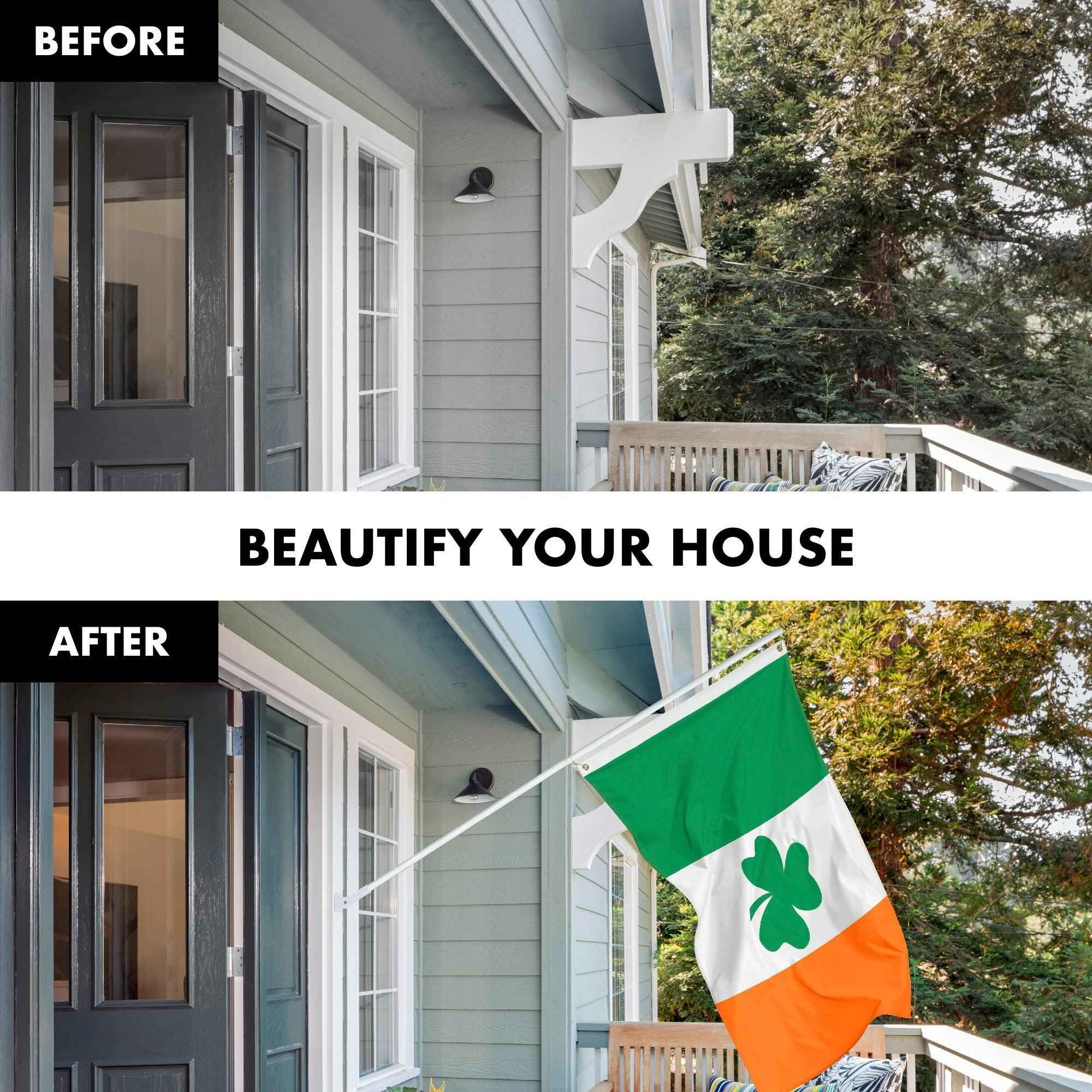 G128 Combo Pack: 6 Feet Tangle Free Spinning Flagpole (White) Ireland Irish Shamrock Flag 3x5 ft Printed 150D Brass Grommets (Flag Included) Aluminum Flag Pole