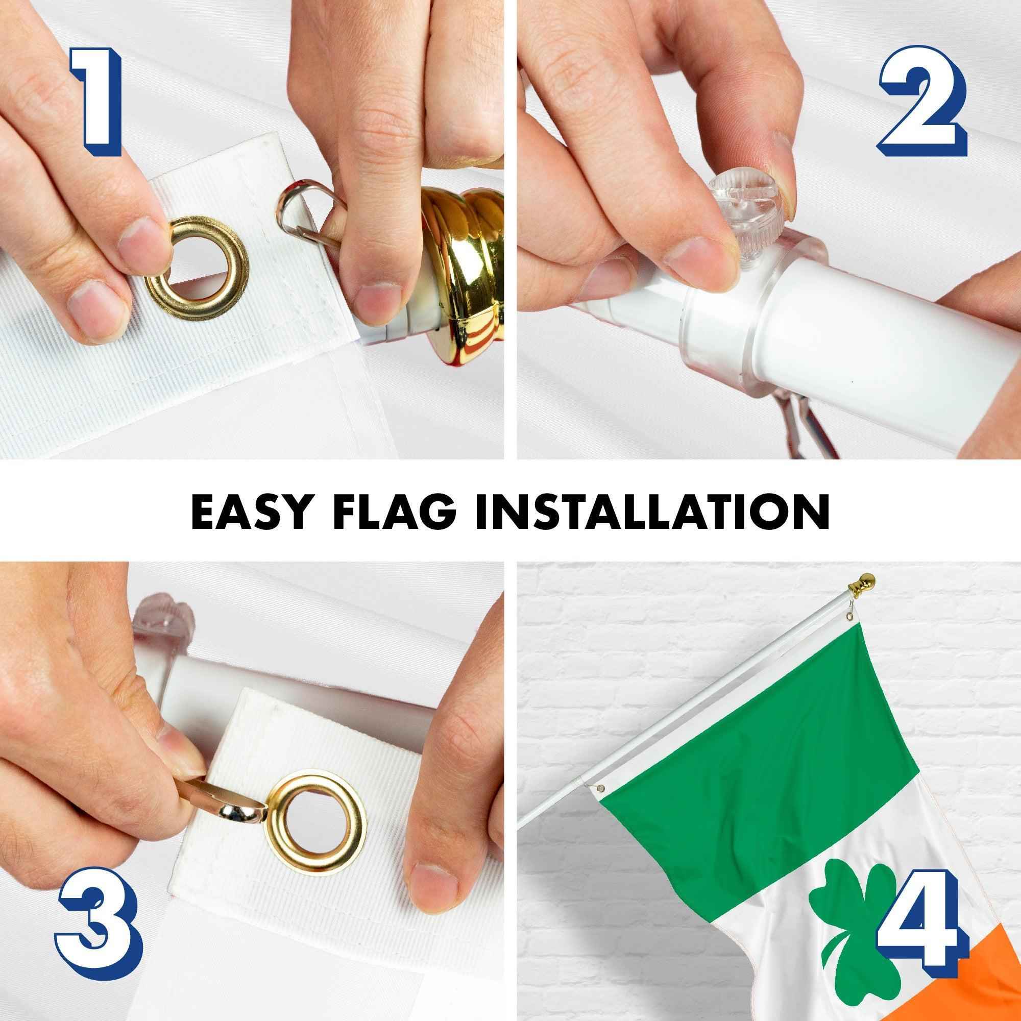 G128 Combo Pack: 6 Feet Tangle Free Spinning Flagpole (White) Ireland Irish Shamrock Flag 3x5 ft Printed 150D Brass Grommets (Flag Included) Aluminum Flag Pole