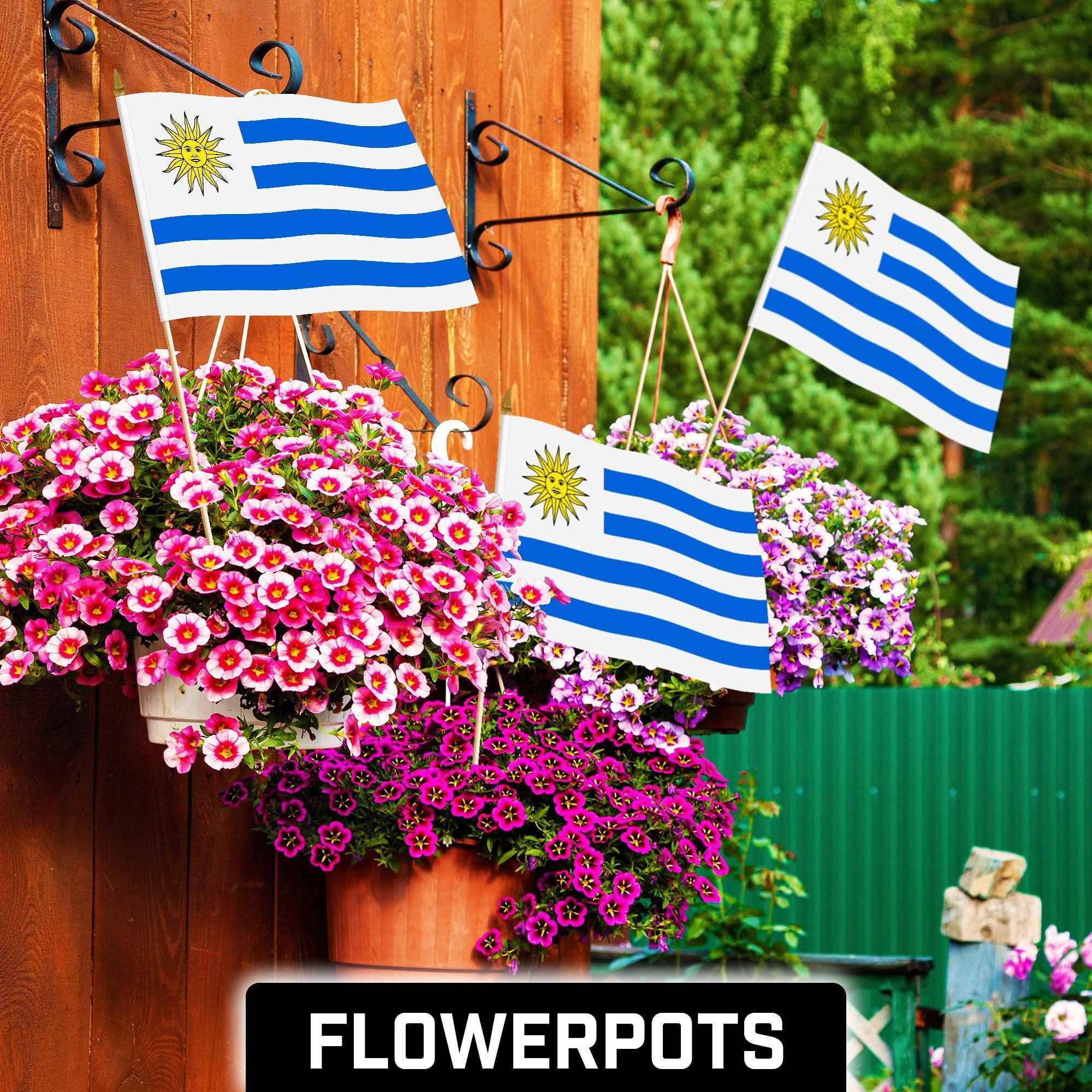 G128 24 Pack Handheld Uruguay Uruguayan Stick Flags | 12x18 In | Printed 150D Polyester, Country Flag, Solid Wooden Stick, Spear Gold Tip