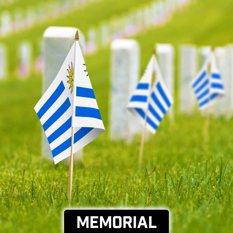 G128 24 Pack Handheld Uruguay Uruguayan Stick Flags | 12x18 In | Printed 150D Polyester, Country Flag, Solid Wooden Stick, Spear Gold Tip