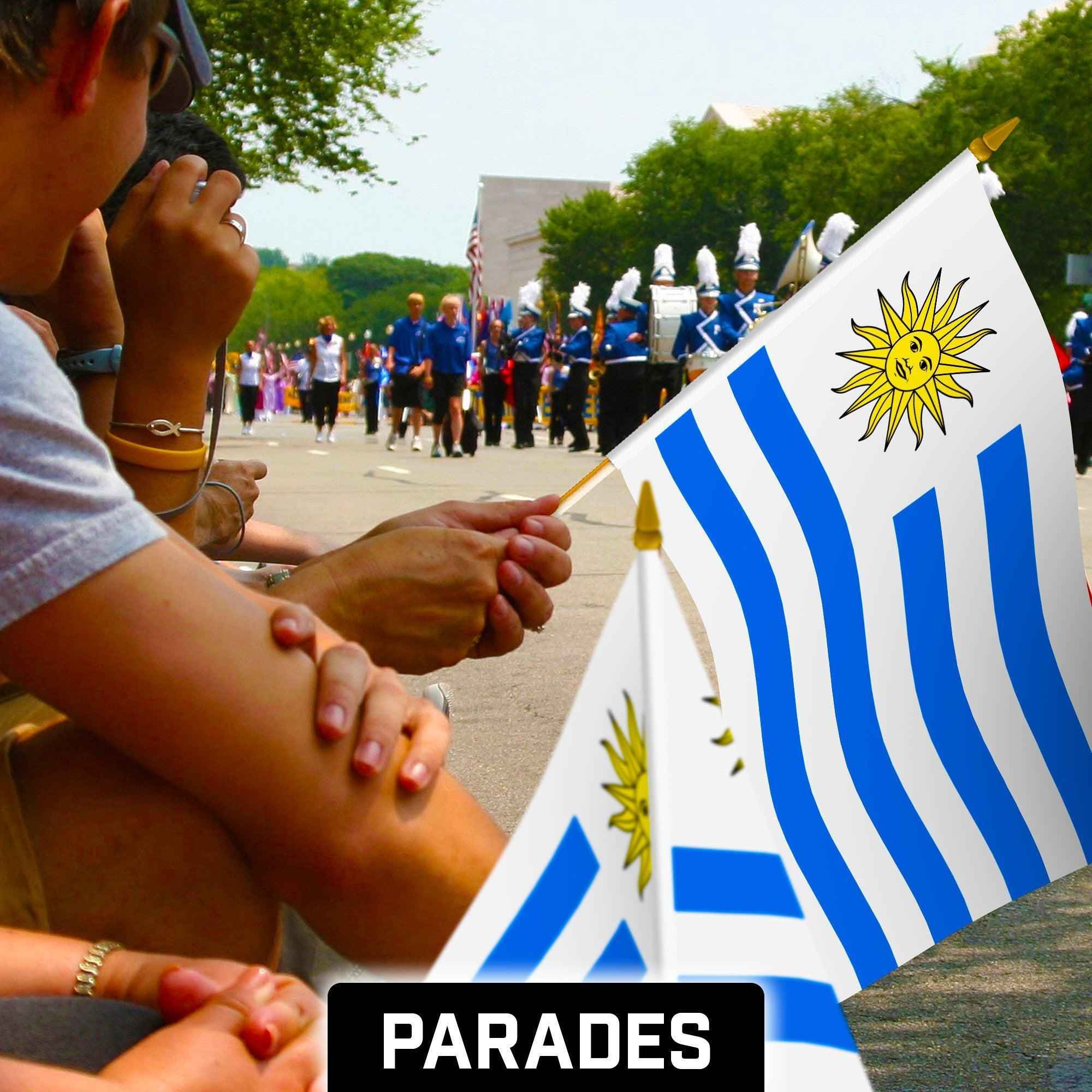 G128 24 Pack Handheld Uruguay Uruguayan Stick Flags | 12x18 In | Printed 150D Polyester, Country Flag, Solid Wooden Stick, Spear Gold Tip