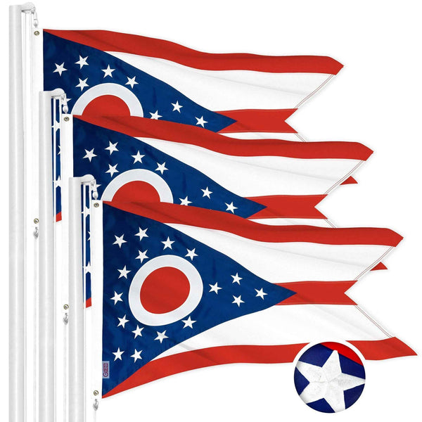G128 3 Pack: Ohio OH State Flag | 2.5x4 Ft | ToughWeave Series Embroidered 300D Polyester | Embroidered Design, Indoor/Outdoor, Brass Grommets