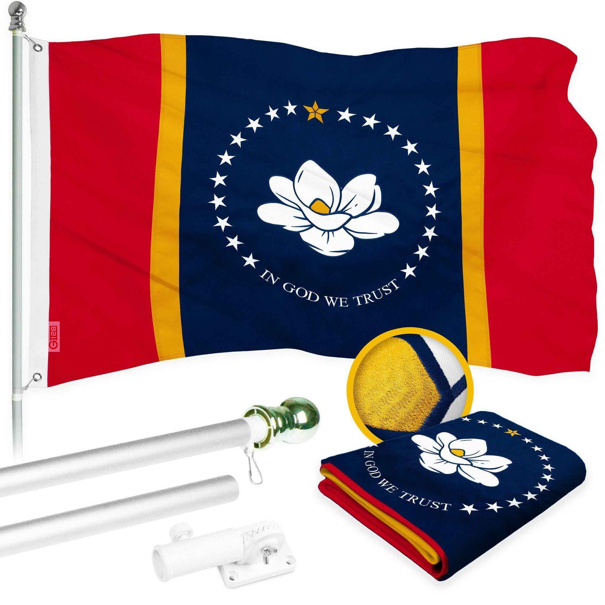 G128 Combo Pack: 6 Ft Tangle Free Aluminum Spinning Flagpole (Silver) & Mississippi 2020 MS State Flag 3x5 Ft, ToughWeave Series Embroidered 300D Polyester | Pole with Flag Included
