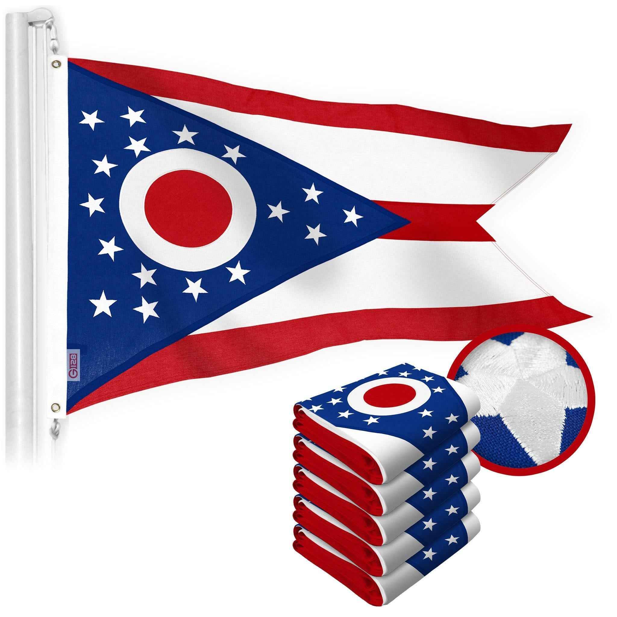 G128 5 Pack: Ohio OH State Flag | 1x1.5 Ft | StormFlyer Series Embroidered 220GSM Spun Polyester | Embroidered Design, Indoor/Outdoor, Brass Grommets, Heavy Duty, All Weather