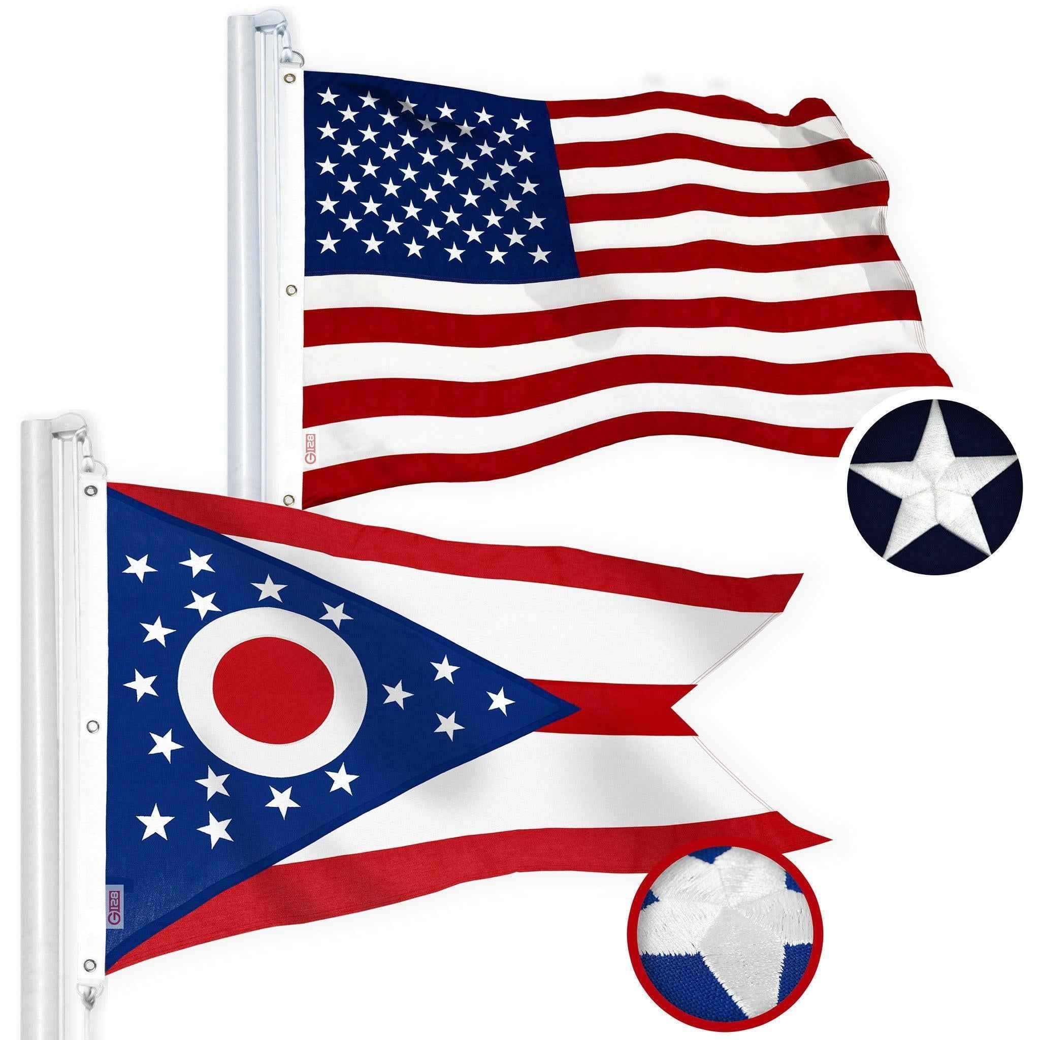 G128 Combo Pack: American USA Flag 6x10 Ft & Ohio OH State Flag 6x10 Ft | Both StormFlyer Series Embroidered 220GSM Spun Polyester, Brass Grommets