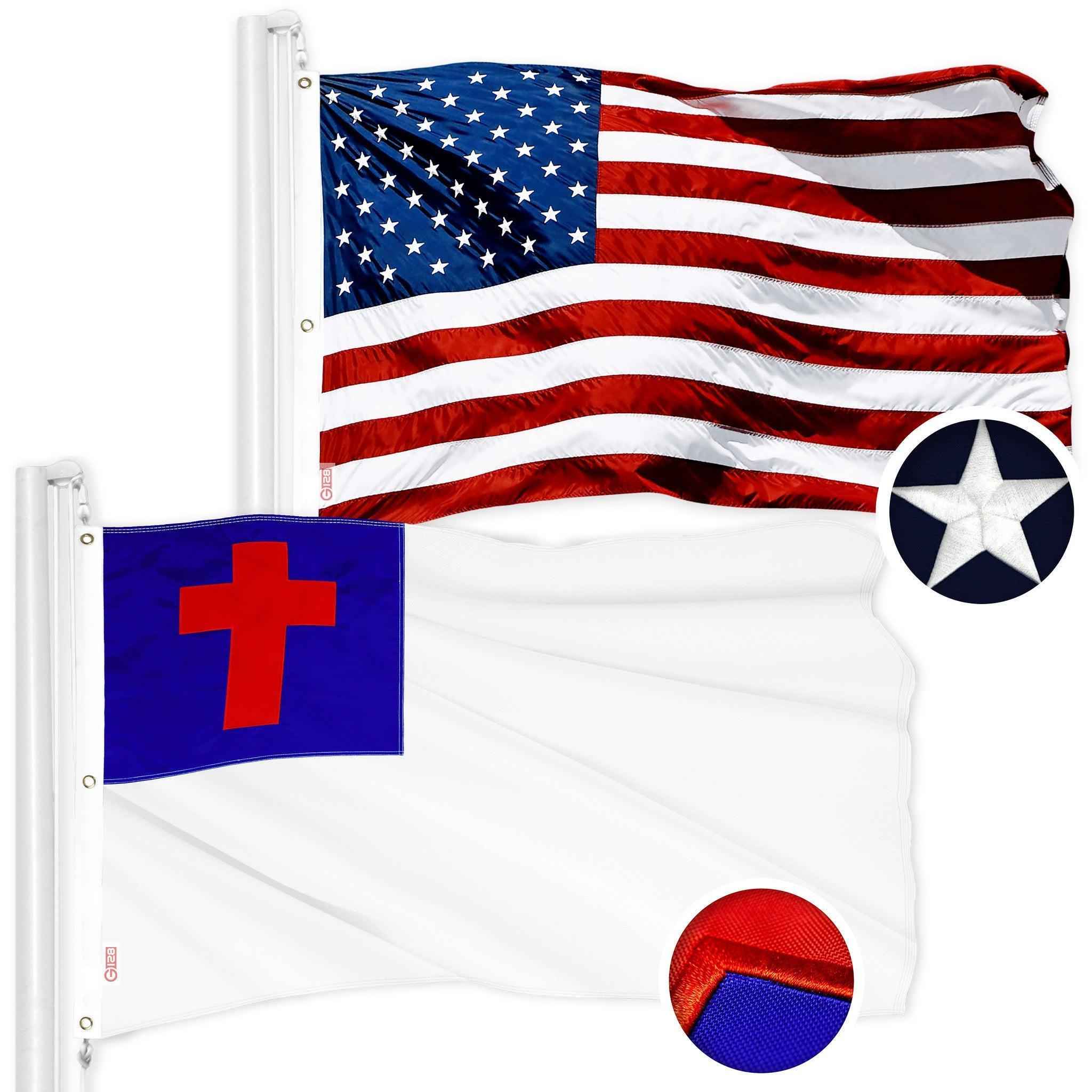 G128 Combo Pack: American USA Flag 5x8 Ft & Christian Flag 5x8 Ft | Both ToughWeave Series Embroidered 300D Polyester, Embroidered Design, Indoor/Outdoor, Brass Grommets
