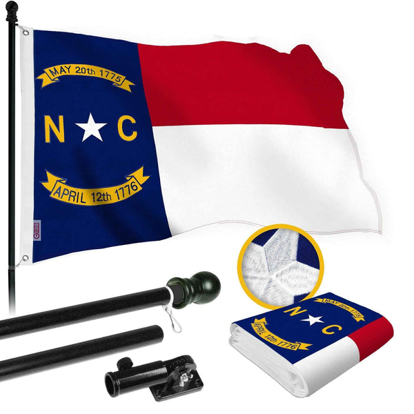 G128 Combo Pack: 6 Ft Tangle Free Spinning Flagpole (Black) & North Carolina Flag 3x5 Ft Embroidered 220GSM Spun Polyester, Brass Grommets (Flag Included) Aluminum Flag Pole