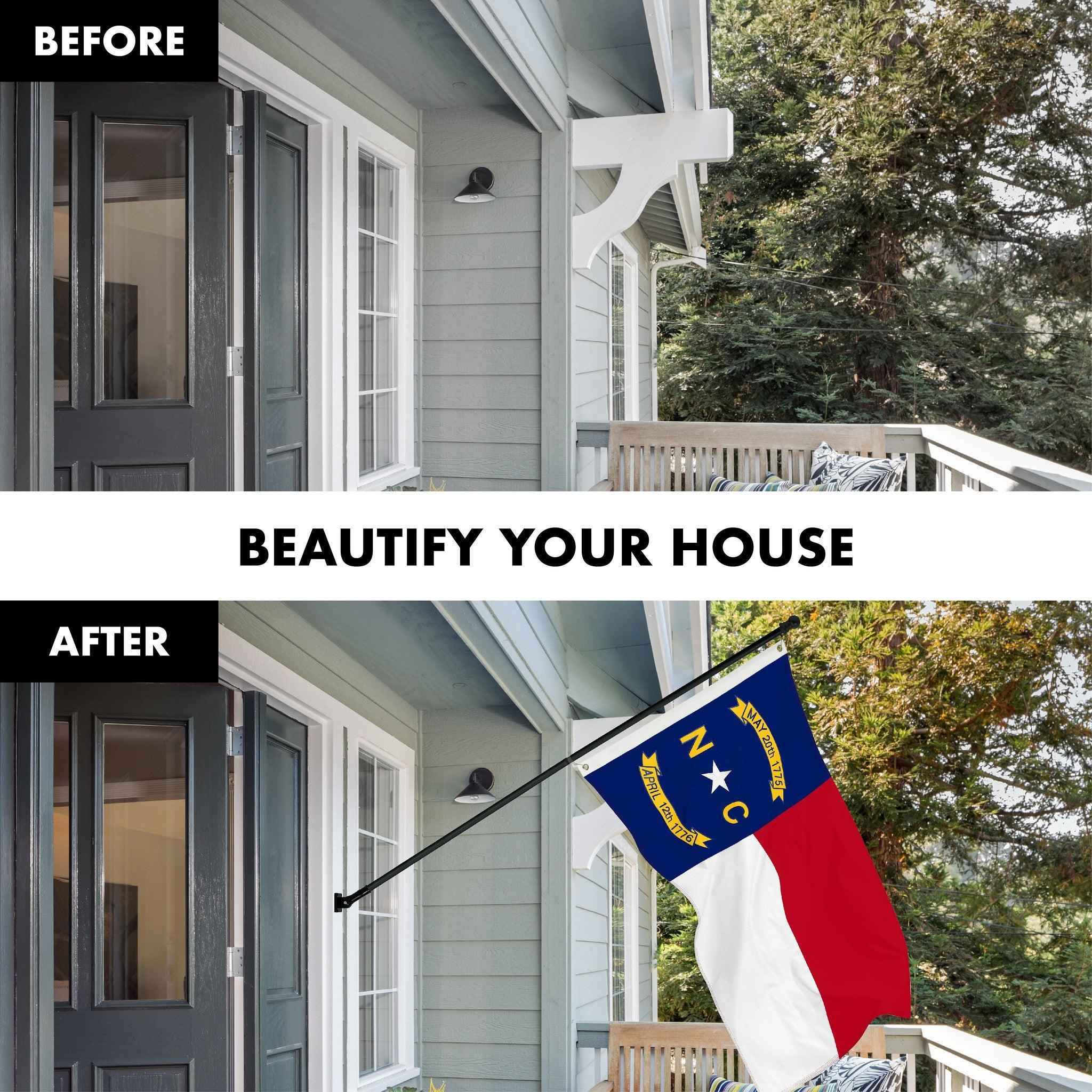 G128 Combo Pack: 6 Ft Tangle Free Spinning Flagpole (Black) & North Carolina Flag 3x5 Ft Embroidered 220GSM Spun Polyester, Brass Grommets (Flag Included) Aluminum Flag Pole