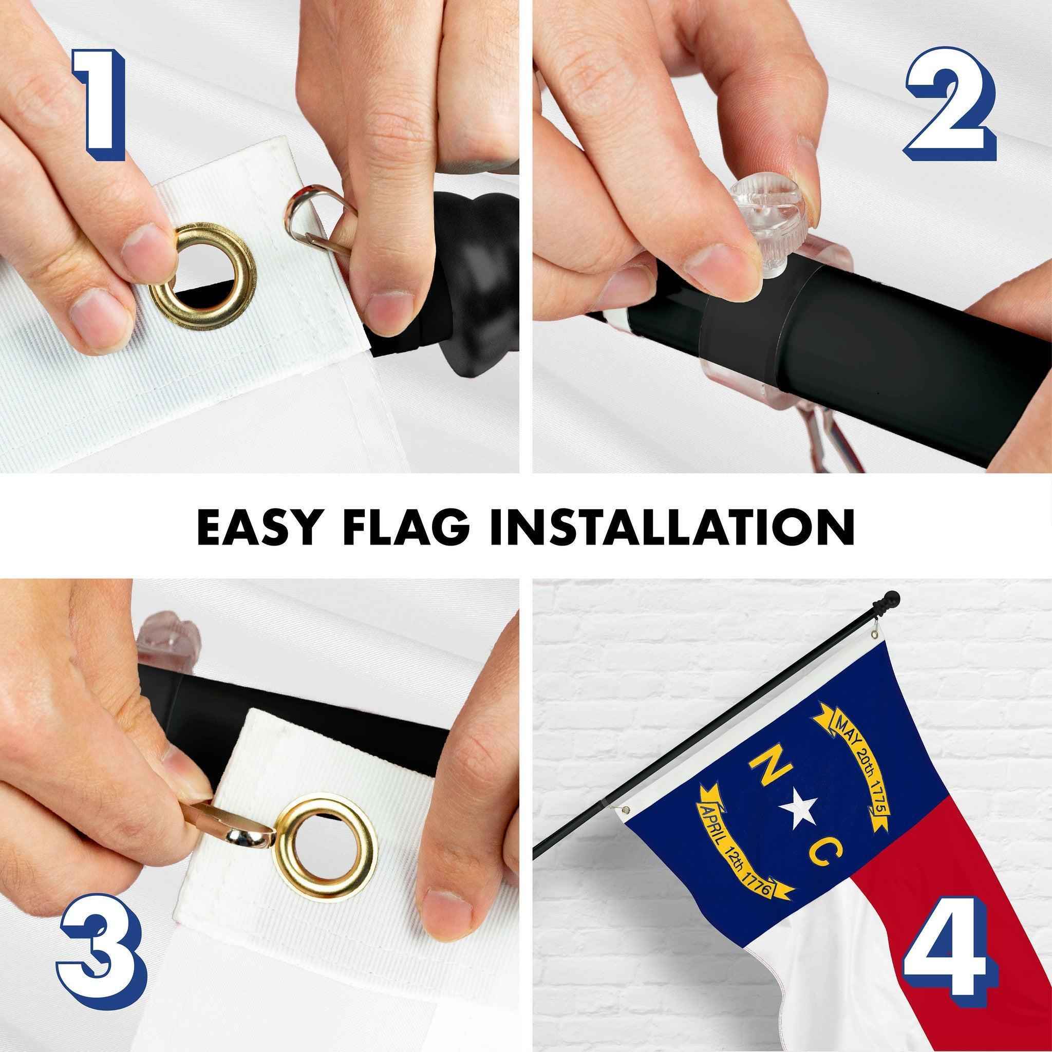 G128 Combo Pack: 6 Ft Tangle Free Spinning Flagpole (Black) & North Carolina Flag 3x5 Ft Embroidered 220GSM Spun Polyester, Brass Grommets (Flag Included) Aluminum Flag Pole