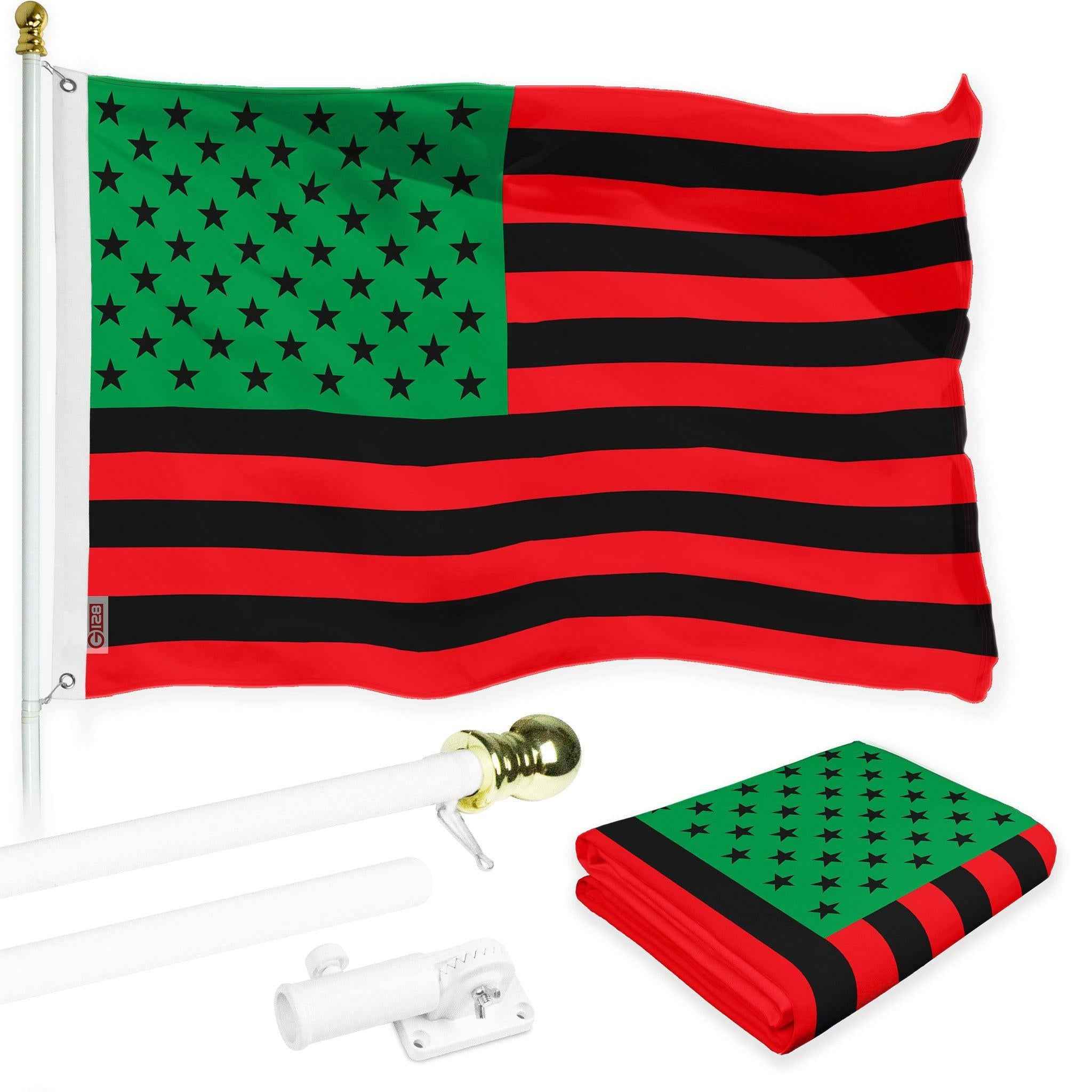 G128 Combo Pack: 6 Ft Tangle Free Aluminum Spinning Flagpole (White) & Afro American Black Liberation BLM Flag 3x5 Ft, LiteWeave Pro Series Printed 150D Polyester | Pole with Flag Included
