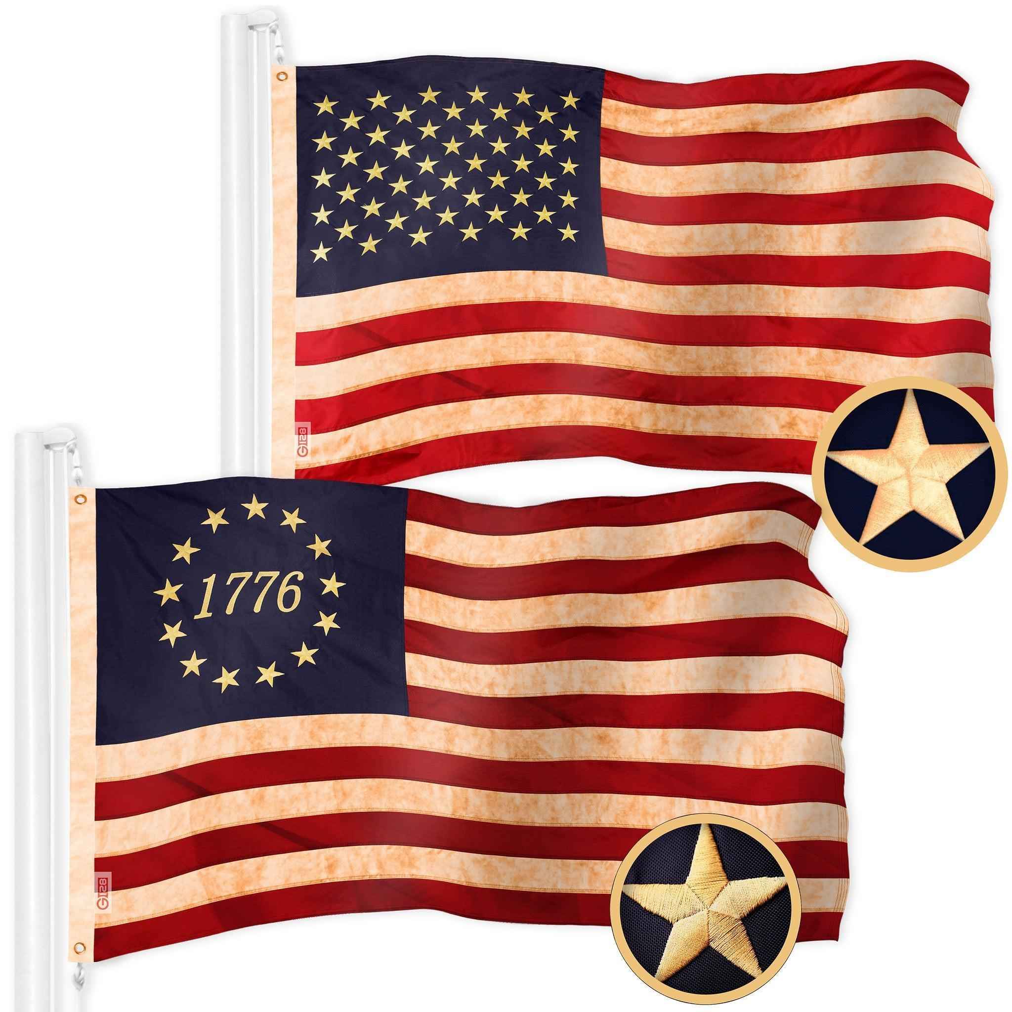 G128 Combo Pack: American USA Tea-Stained Flag 2.5x4 Ft & 1776 Tea-Stained Flag 2.5x4 Ft | Both ToughWeave Pro Series Embroidered 420D Polyester, Embroidered Design, Indoor/Outdoor, Brass Grommets