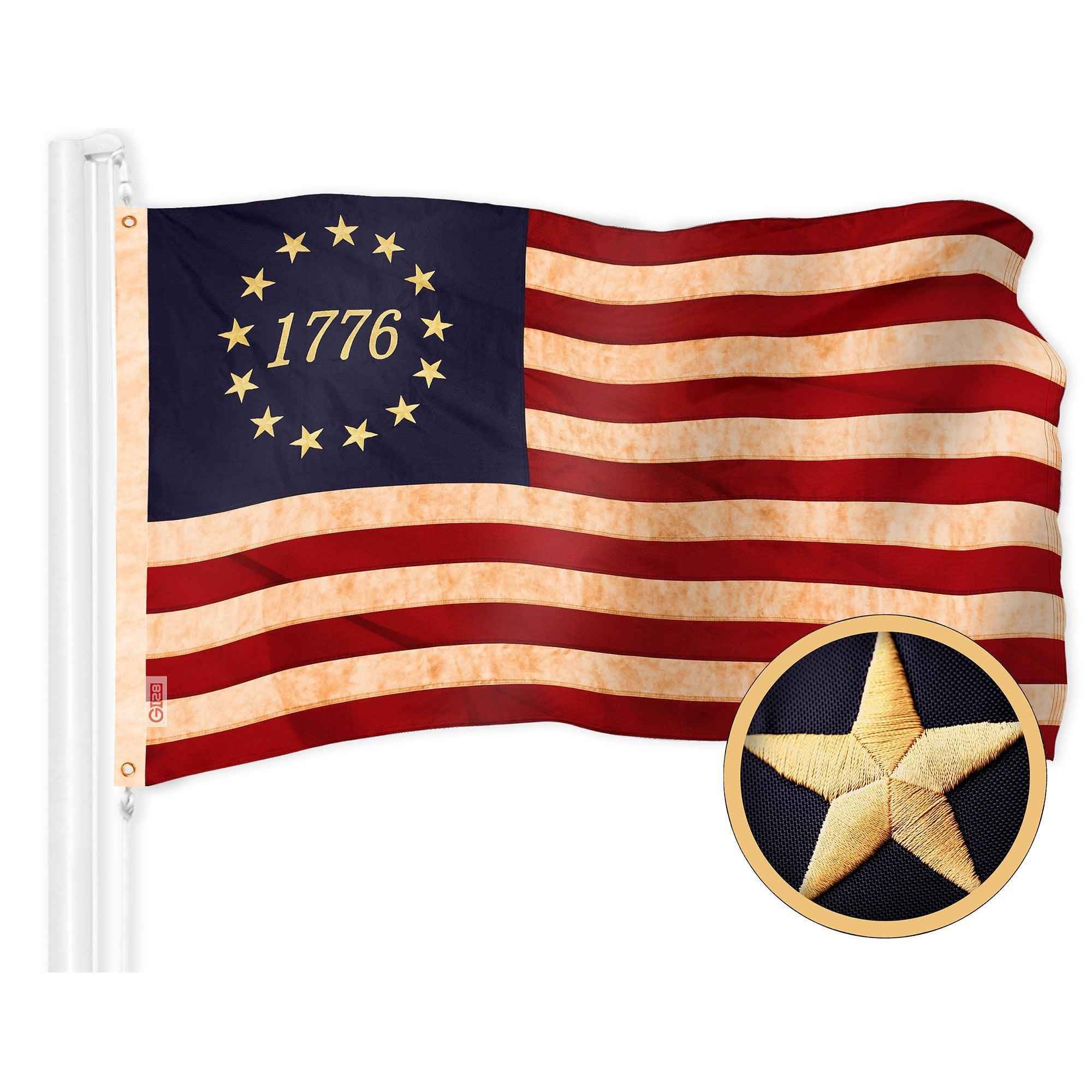 G128 Combo Pack: American USA Tea-Stained Flag 2.5x4 Ft & 1776 Tea-Stained Flag 2.5x4 Ft | Both ToughWeave Pro Series Embroidered 420D Polyester, Embroidered Design, Indoor/Outdoor, Brass Grommets