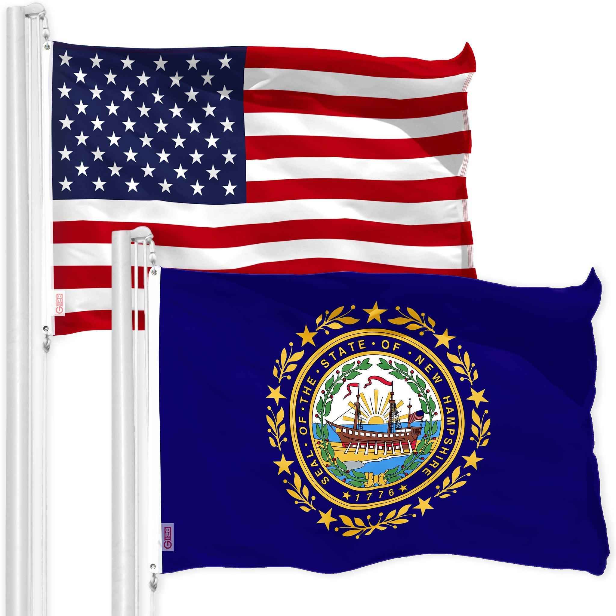 G128 Combo Pack: American USA Flag 3x5 Ft & New Hampshire Flag 3x5 Ft, Both Printed 150D Polyester, Indoor/Outdoor, Brass Grommets