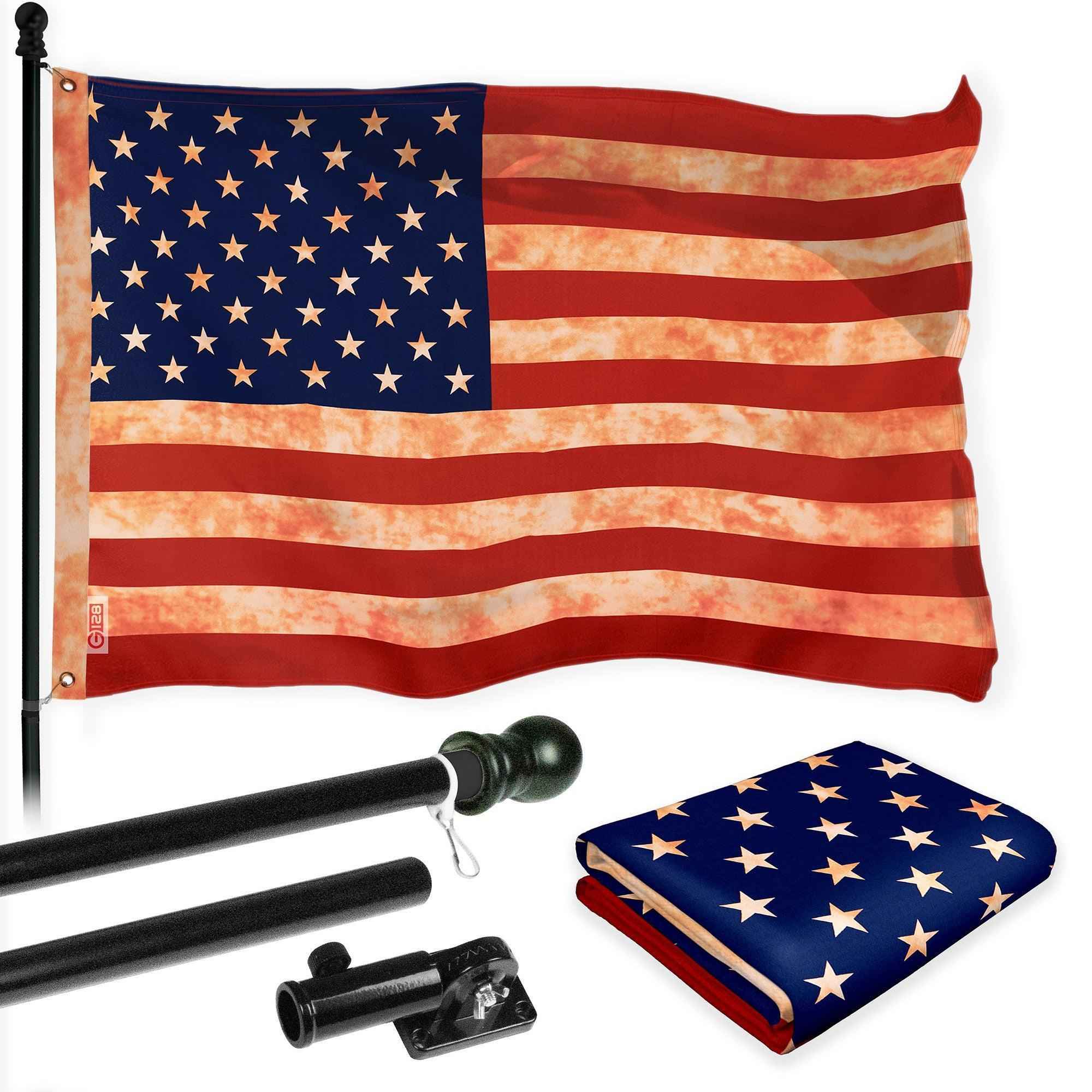 G128 Combo Pack: 6 Ft Tangle Free Aluminum Spinning Flagpole (Black) & American USA Tea-Stained Flag 3x5 Ft, LiteWeave Pro Series Printed 300D Polyester | Pole with Flag Included