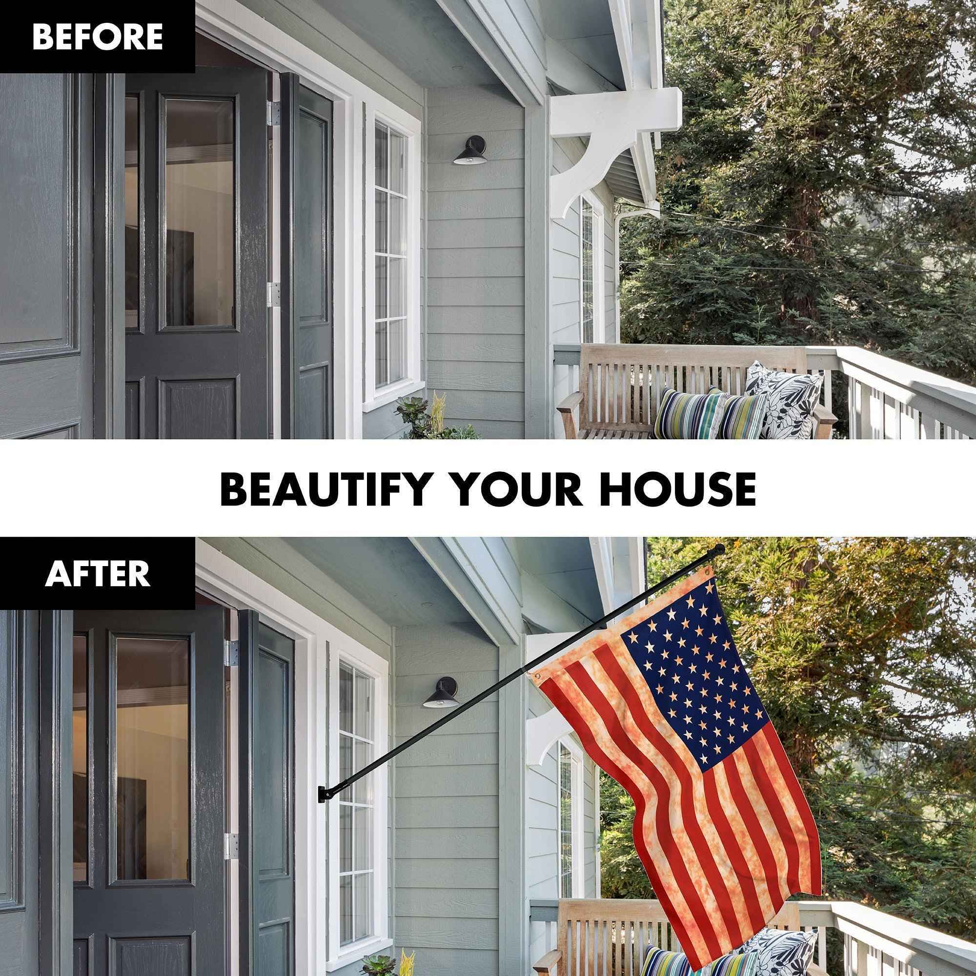 G128 Combo Pack: 6 Ft Tangle Free Aluminum Spinning Flagpole (Black) & American USA Tea-Stained Flag 3x5 Ft, LiteWeave Pro Series Printed 300D Polyester | Pole with Flag Included