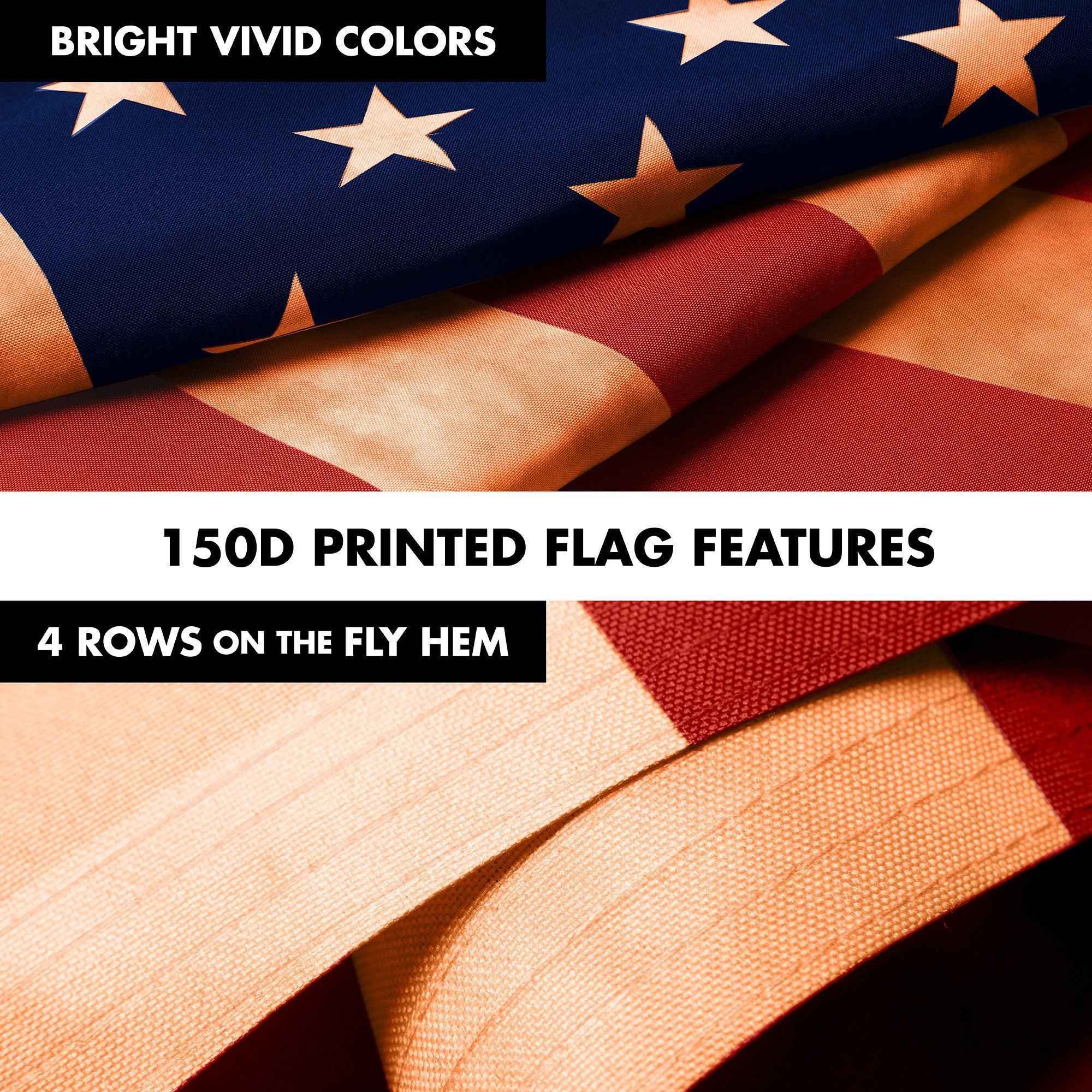 G128 Combo Pack: 6 Ft Tangle Free Aluminum Spinning Flagpole (Black) & American USA Tea-Stained Flag 3x5 Ft, LiteWeave Pro Series Printed 300D Polyester | Pole with Flag Included