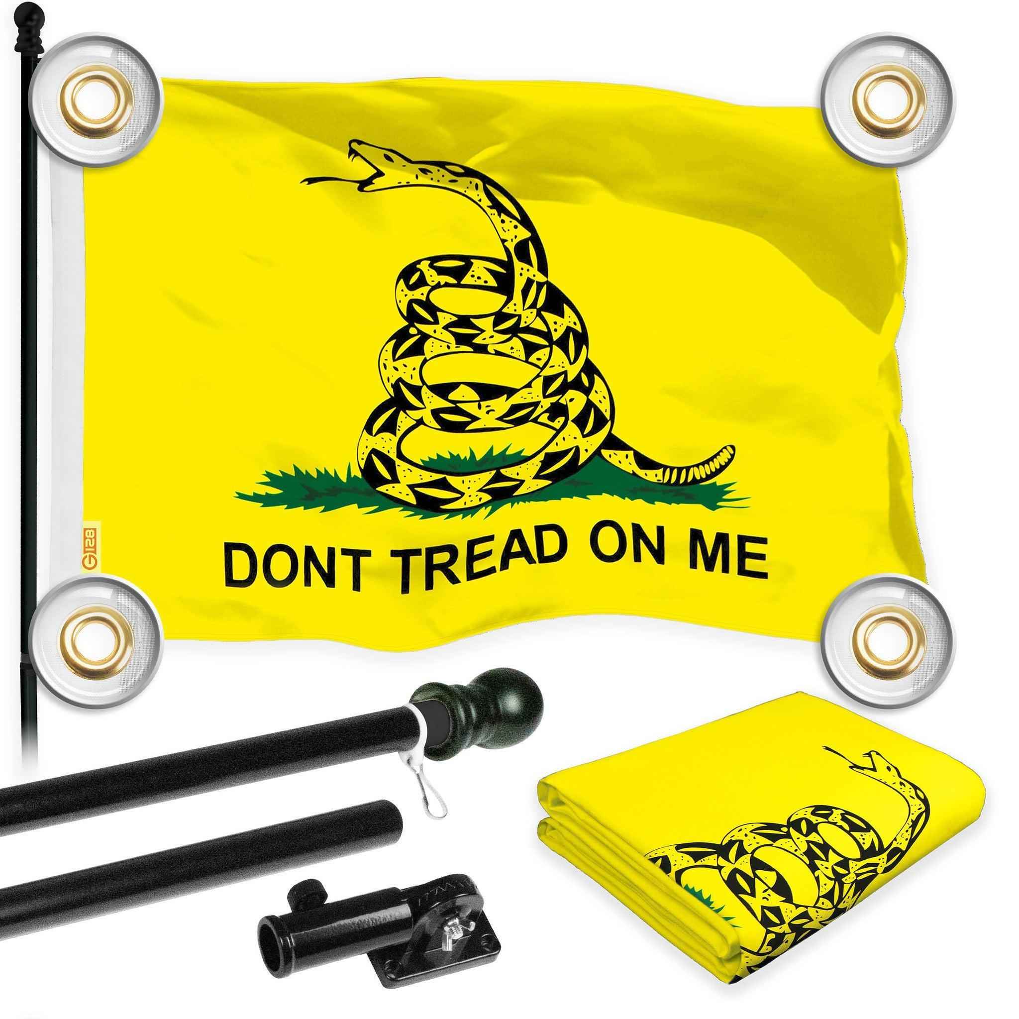 G128 Combo Pack: 6 Ft Tangle Free Aluminum Spinning Flagpole (Black) & Gadsden Don't Tread On Me Flag 3x5 Ft, LiteWeave Pro Printed 150D Polyester, 4 Corner Brass Grommets | Pole with Flag Included