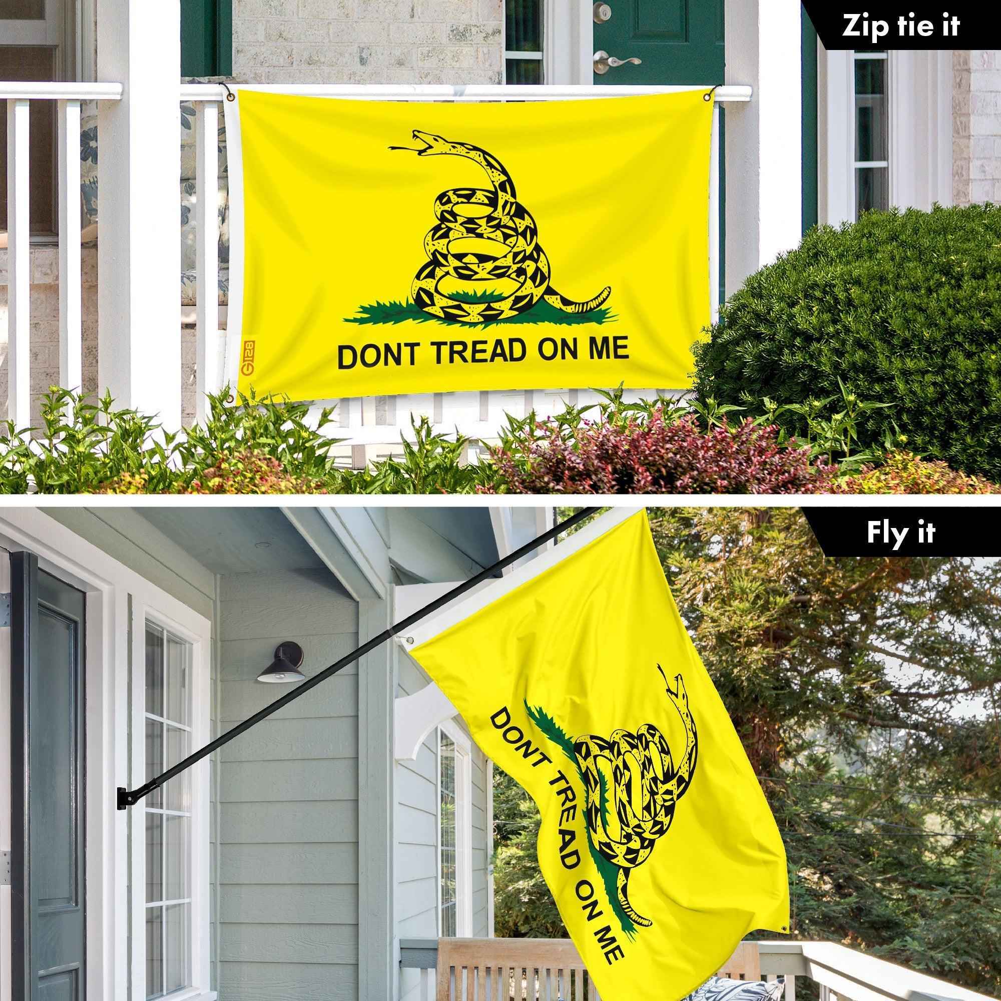 G128 Combo Pack: 6 Ft Tangle Free Aluminum Spinning Flagpole (Black) & Gadsden Don't Tread On Me Flag 3x5 Ft, LiteWeave Pro Printed 150D Polyester, 4 Corner Brass Grommets | Pole with Flag Included
