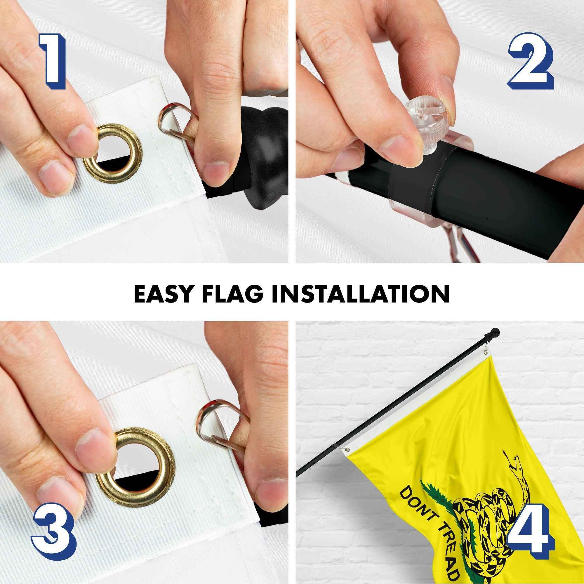 G128 Combo Pack: 6 Ft Tangle Free Aluminum Spinning Flagpole (Black) & Gadsden Don't Tread On Me Flag 3x5 Ft, LiteWeave Pro Printed 150D Polyester, 4 Corner Brass Grommets | Pole with Flag Included