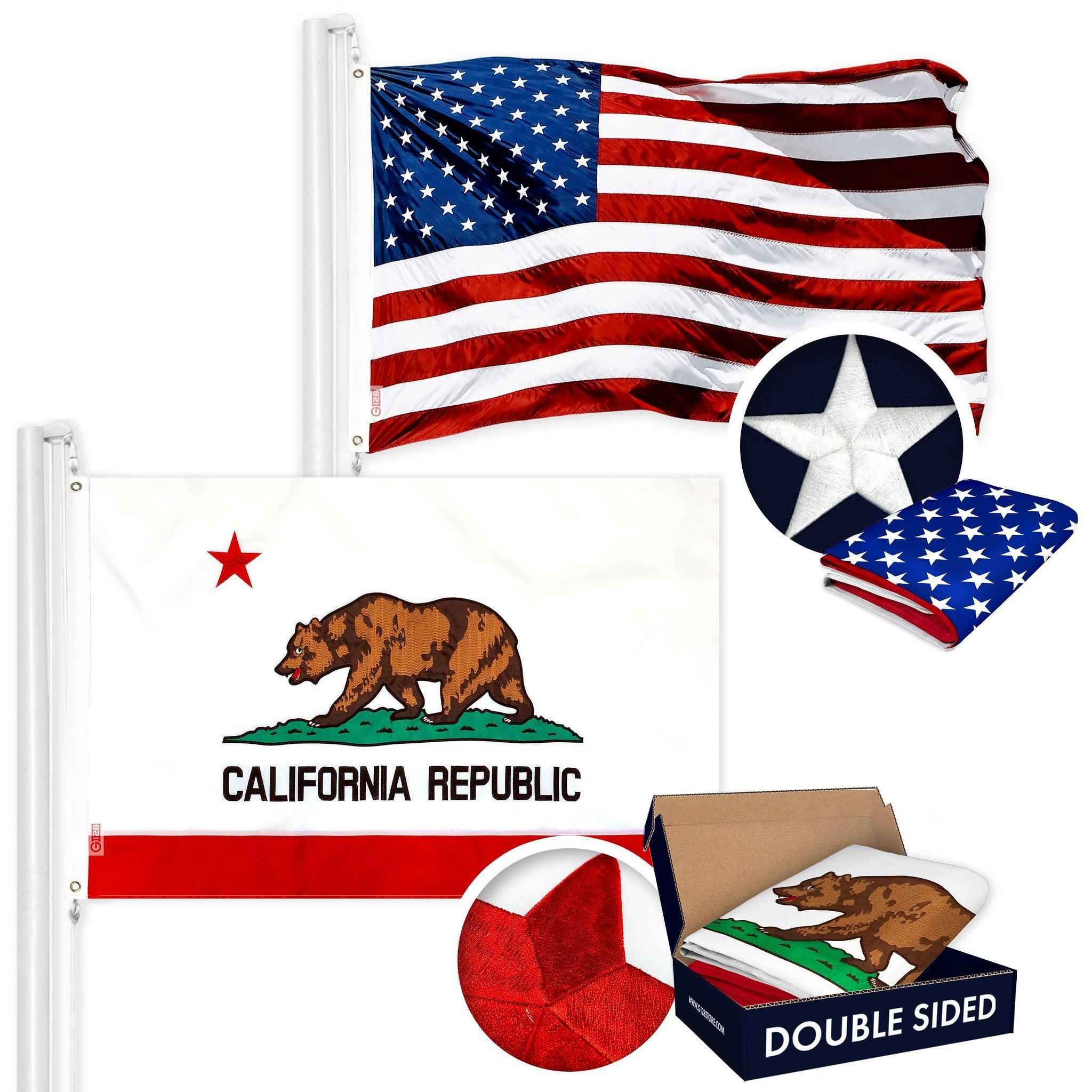 G128 Combo Pack: American USA Flag ToughWeave Series 2x3 Ft Single Sided & California CA State Flag Double Sided 2x3 Ft Double ToughWeave Series | Both Embroidered Polyester, Brass Grommets