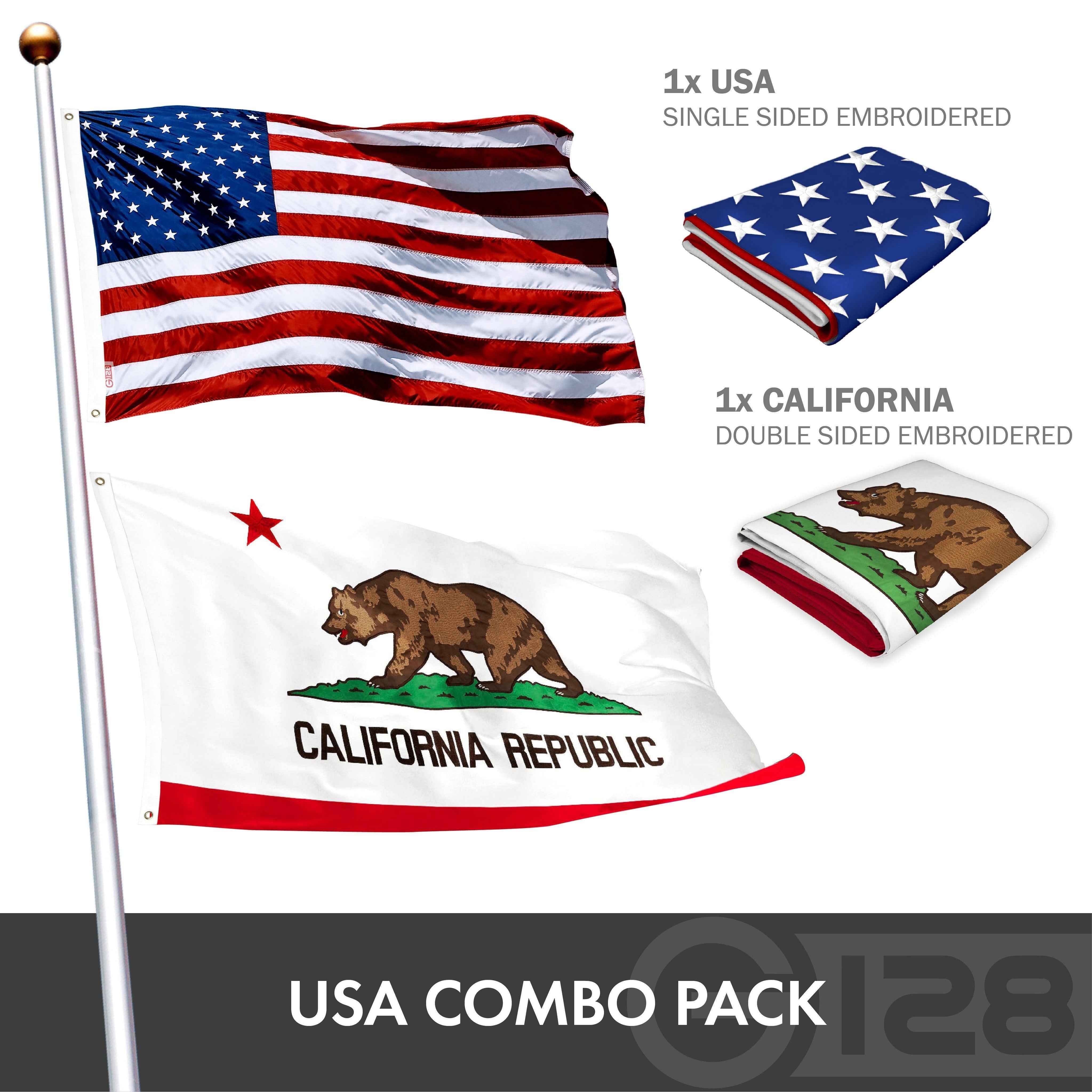 G128 Combo Pack: American USA Flag ToughWeave Series 2x3 Ft Single Sided & California CA State Flag Double Sided 2x3 Ft Double ToughWeave Series | Both Embroidered Polyester, Brass Grommets