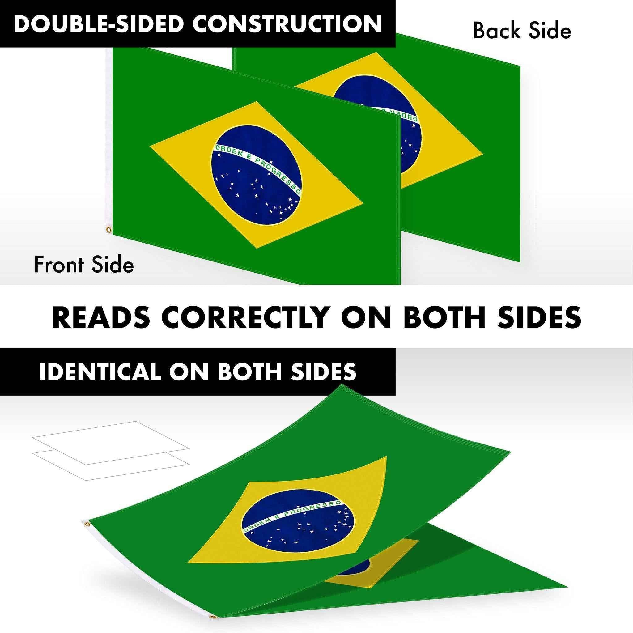 G128 Combo Pack: 6 Ft Tangle Free Aluminum Spinning Flagpole (Silver) & Brazil Brazilian Flag 3x5 Ft, Double ToughWeave Series Double Sided Embroidered 210D Polyester | Pole with Flag Included