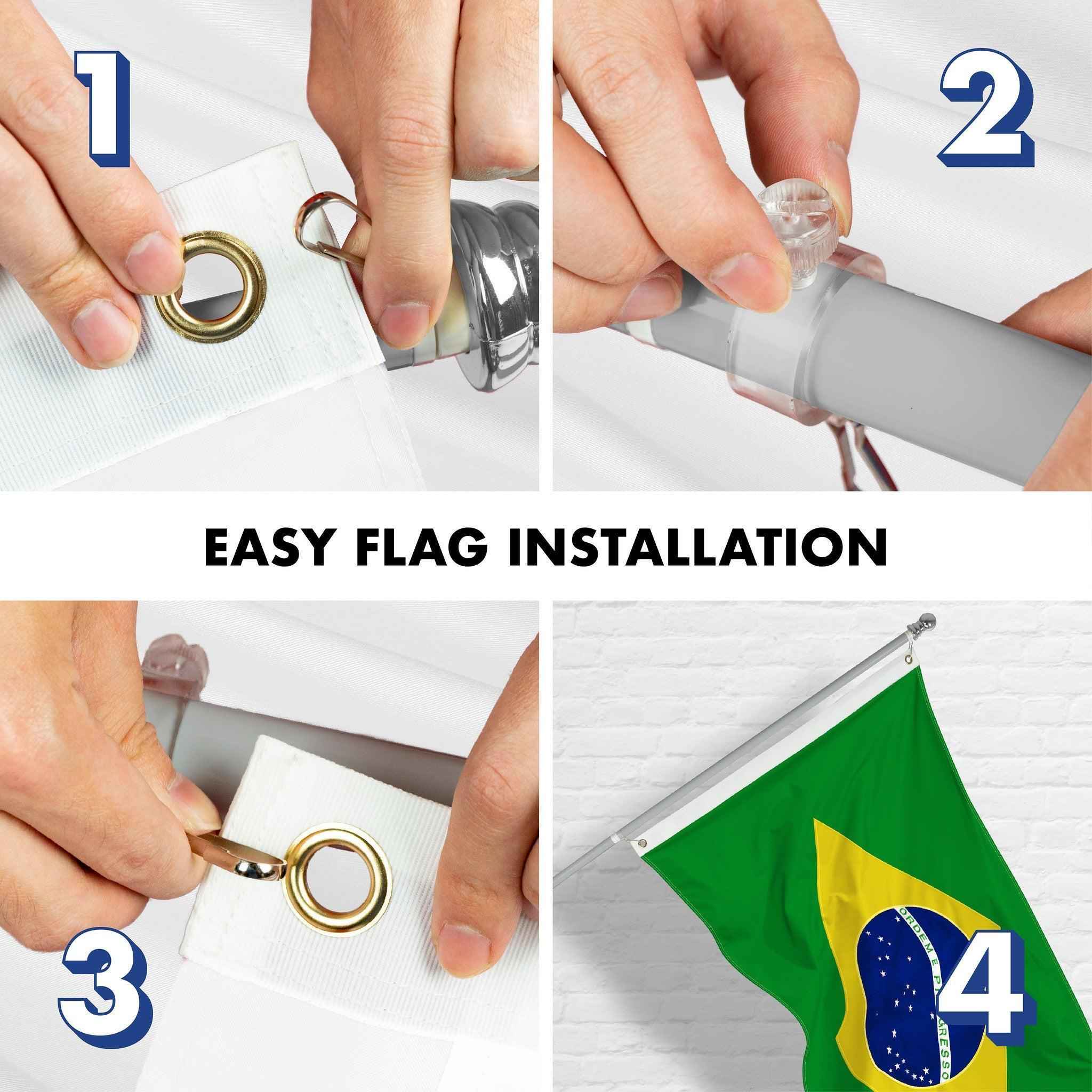 G128 Combo Pack: 6 Ft Tangle Free Aluminum Spinning Flagpole (Silver) & Brazil Brazilian Flag 3x5 Ft, Double ToughWeave Series Double Sided Embroidered 210D Polyester | Pole with Flag Included