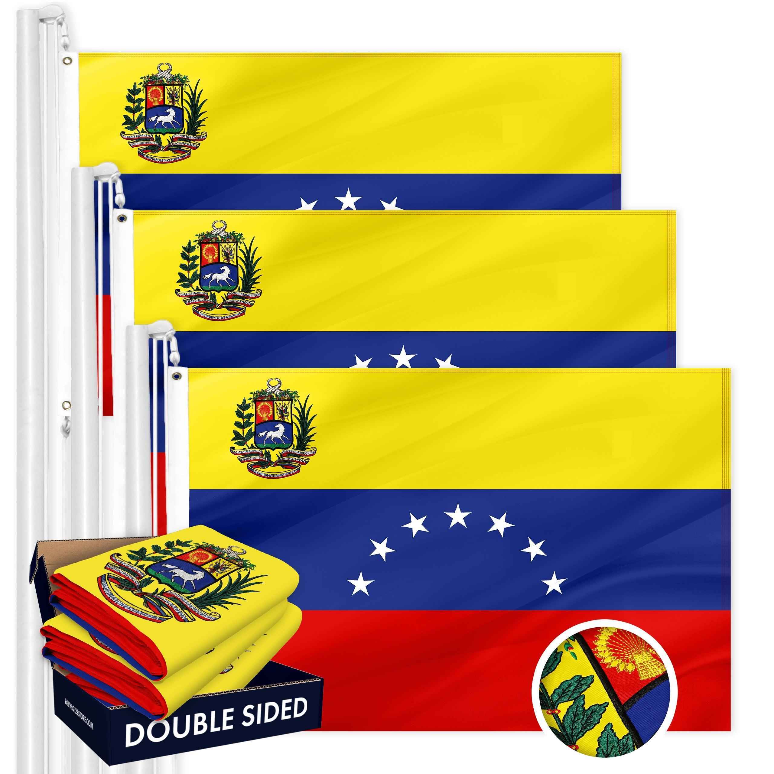 G128 3 Pack: Venezuela 7 Stars Venezuelan Flag | 3x5 Ft | Double ToughWeave Series Double Sided Embroidered 210D Polyester | Country Flag, Embroidered Design, Brass Grommets, Heavy Duty, 2-ply