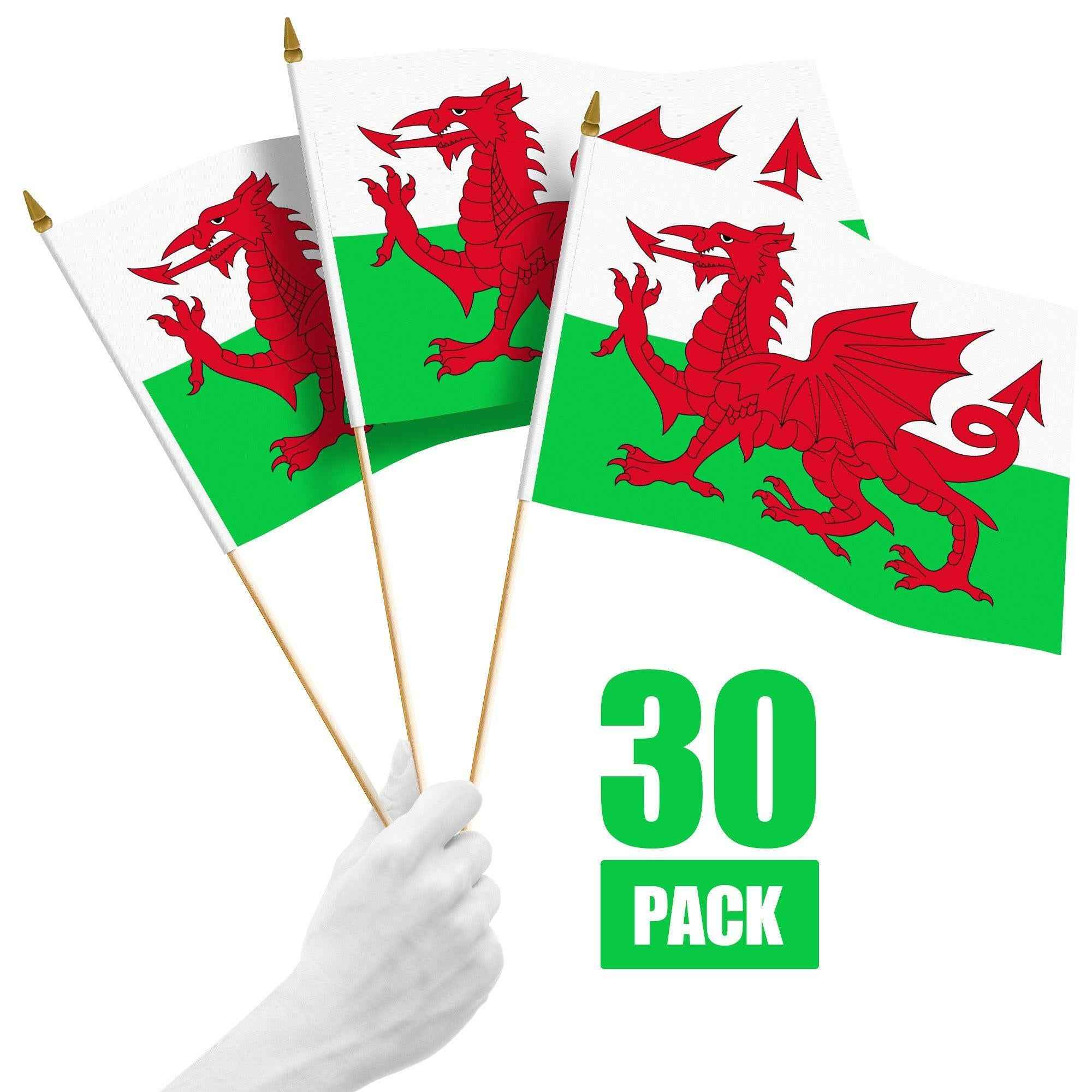 G128 30 Pack Handheld Wales Welsh Stick Flags | 12x18 In | Printed 150D Polyester, Country Flag, Solid Wooden Stick, Spear Gold Tip