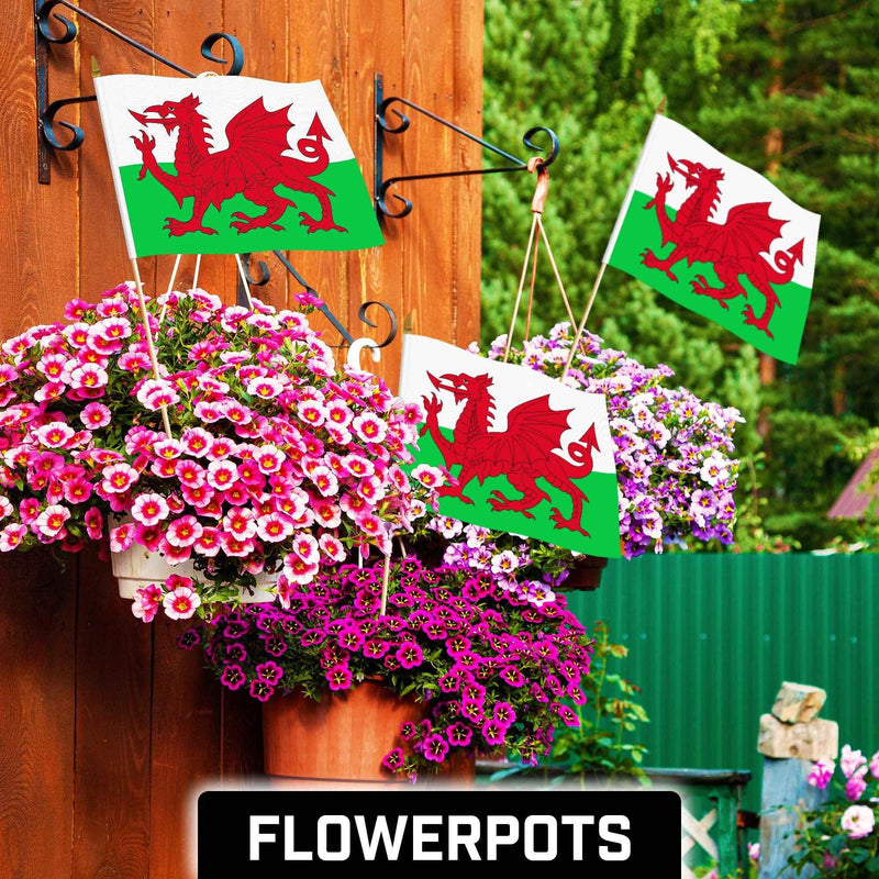 G128 30 Pack Handheld Wales Welsh Stick Flags | 12x18 In | Printed 150D Polyester, Country Flag, Solid Wooden Stick, Spear Gold Tip