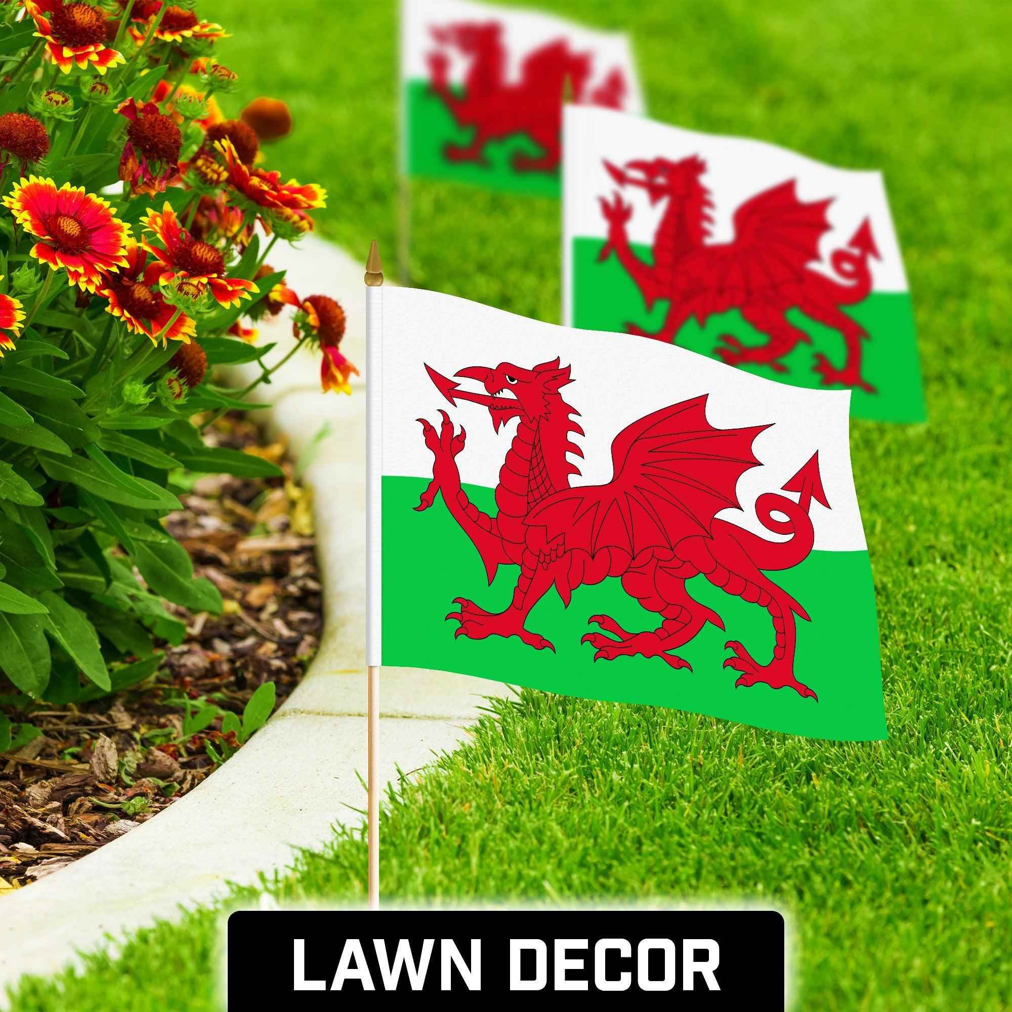 G128 30 Pack Handheld Wales Welsh Stick Flags | 12x18 In | Printed 150D Polyester, Country Flag, Solid Wooden Stick, Spear Gold Tip