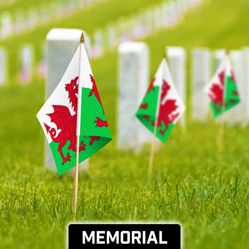 G128 30 Pack Handheld Wales Welsh Stick Flags | 12x18 In | Printed 150D Polyester, Country Flag, Solid Wooden Stick, Spear Gold Tip