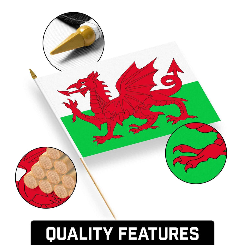 G128 30 Pack Handheld Wales Welsh Stick Flags | 12x18 In | Printed 150D Polyester, Country Flag, Solid Wooden Stick, Spear Gold Tip