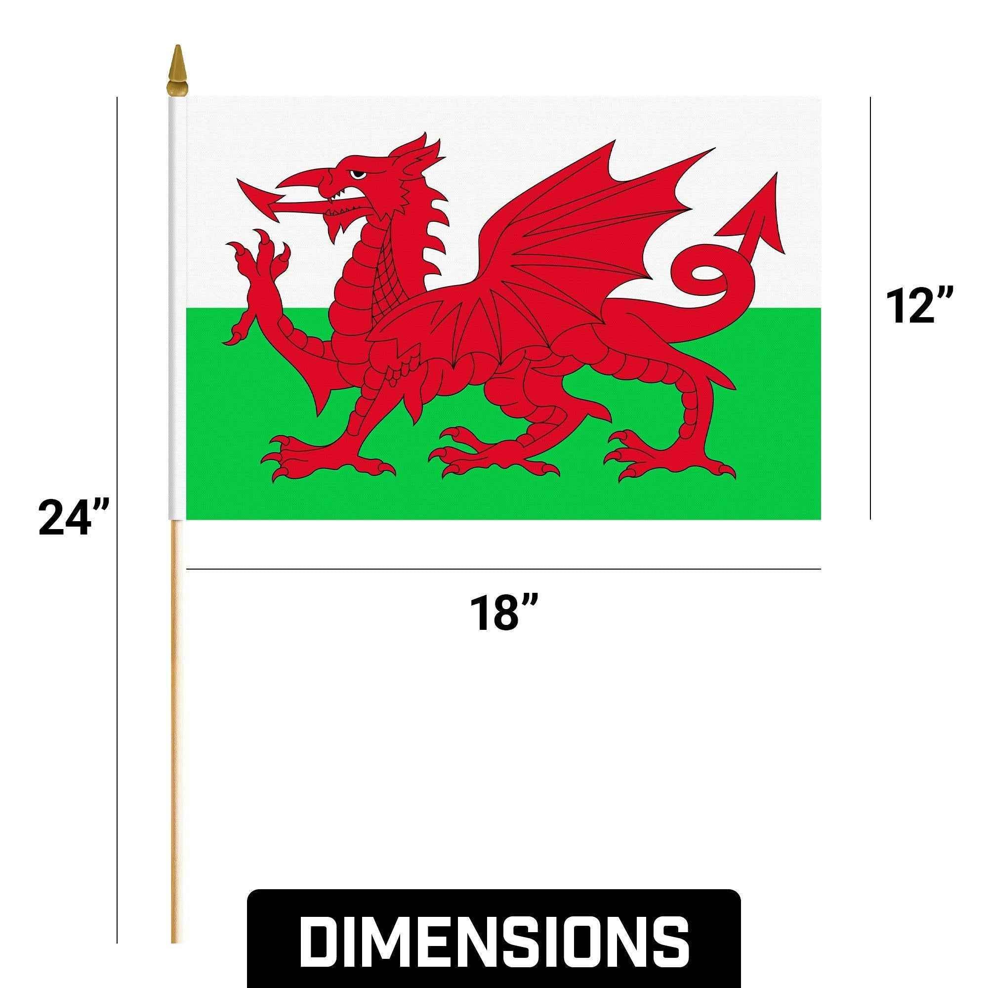 G128 30 Pack Handheld Wales Welsh Stick Flags | 12x18 In | Printed 150D Polyester, Country Flag, Solid Wooden Stick, Spear Gold Tip