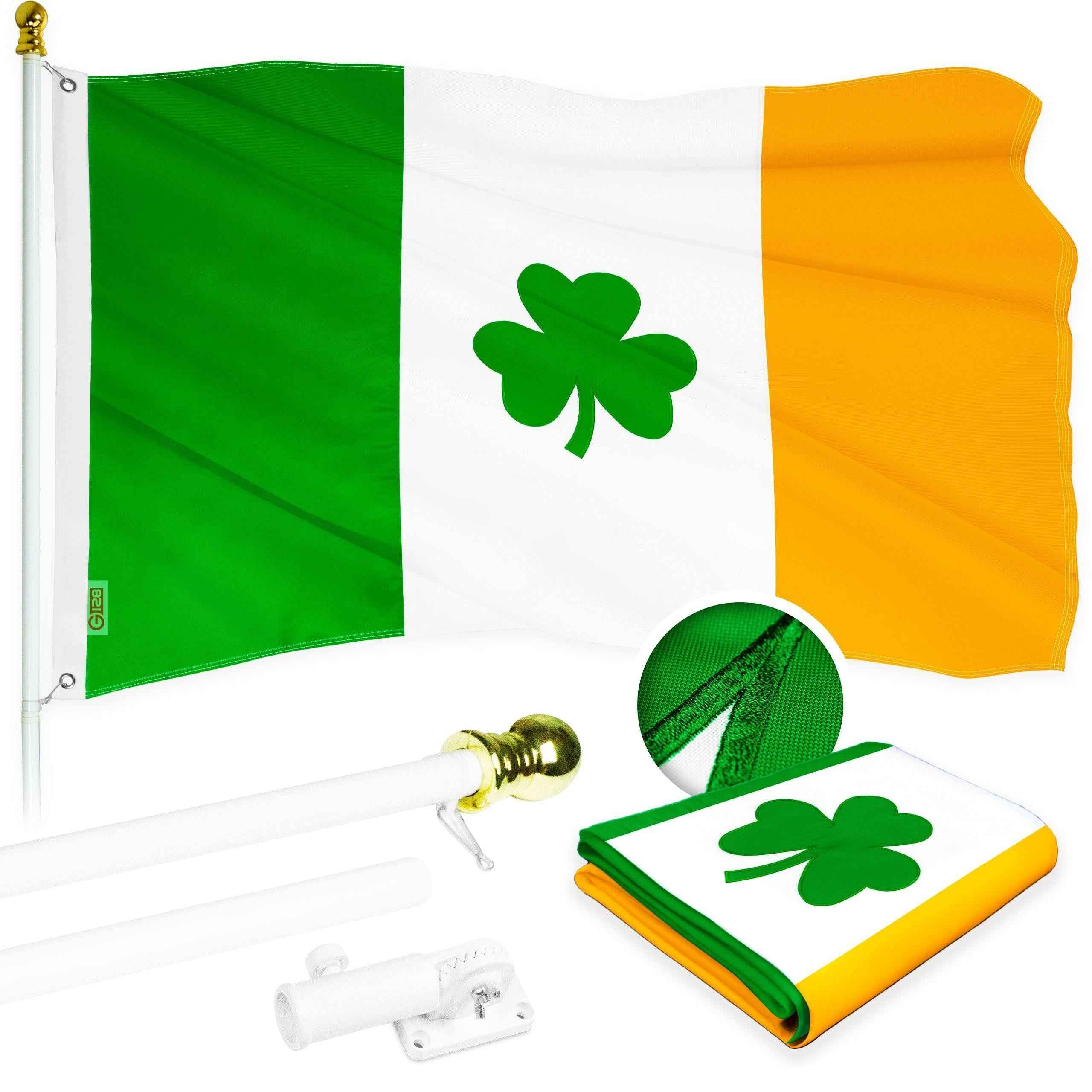 G128 - 6 Feet Tangle Free Spinning Flagpole (White) Ireland SHAMROCK Flag Brass Grommets Embroidered 3x5 ft (Flag Included) Aluminum Flag Pole