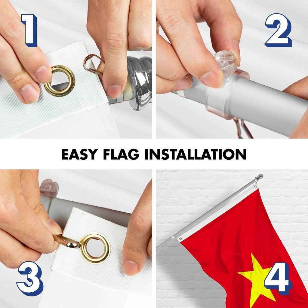 G128 Combo Pack: 6 Ft Tangle Free Spinning Flagpole (Silver) & Vietnam Flag 3x5 Ft Printed 150D Polyester, Brass Grommets (Flag Included) Aluminum Flag Pole