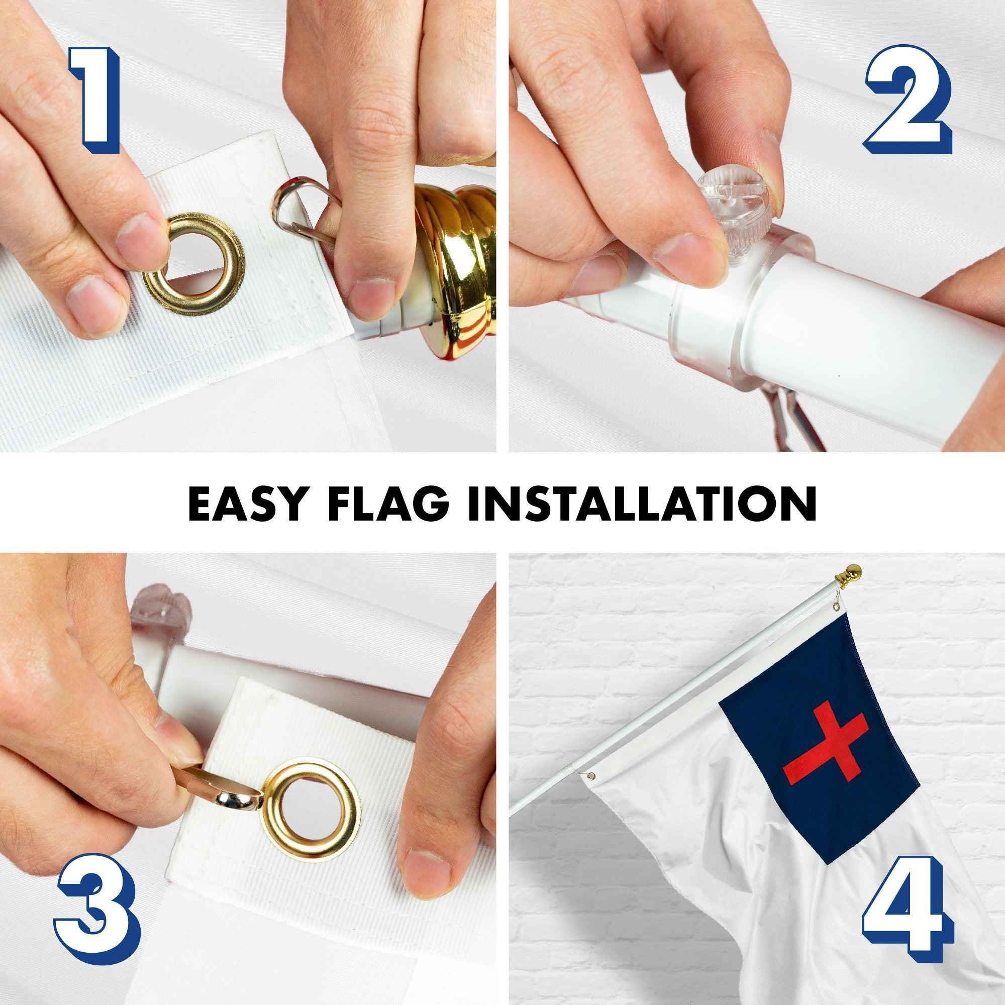 G128 Combo Pack: 5 Ft Tangle Free Aluminum Spinning Flagpole (White) & Christian Flag 2x3 Ft, LiteWeave Pro Series Printed 150D Polyester | Pole with Flag Included