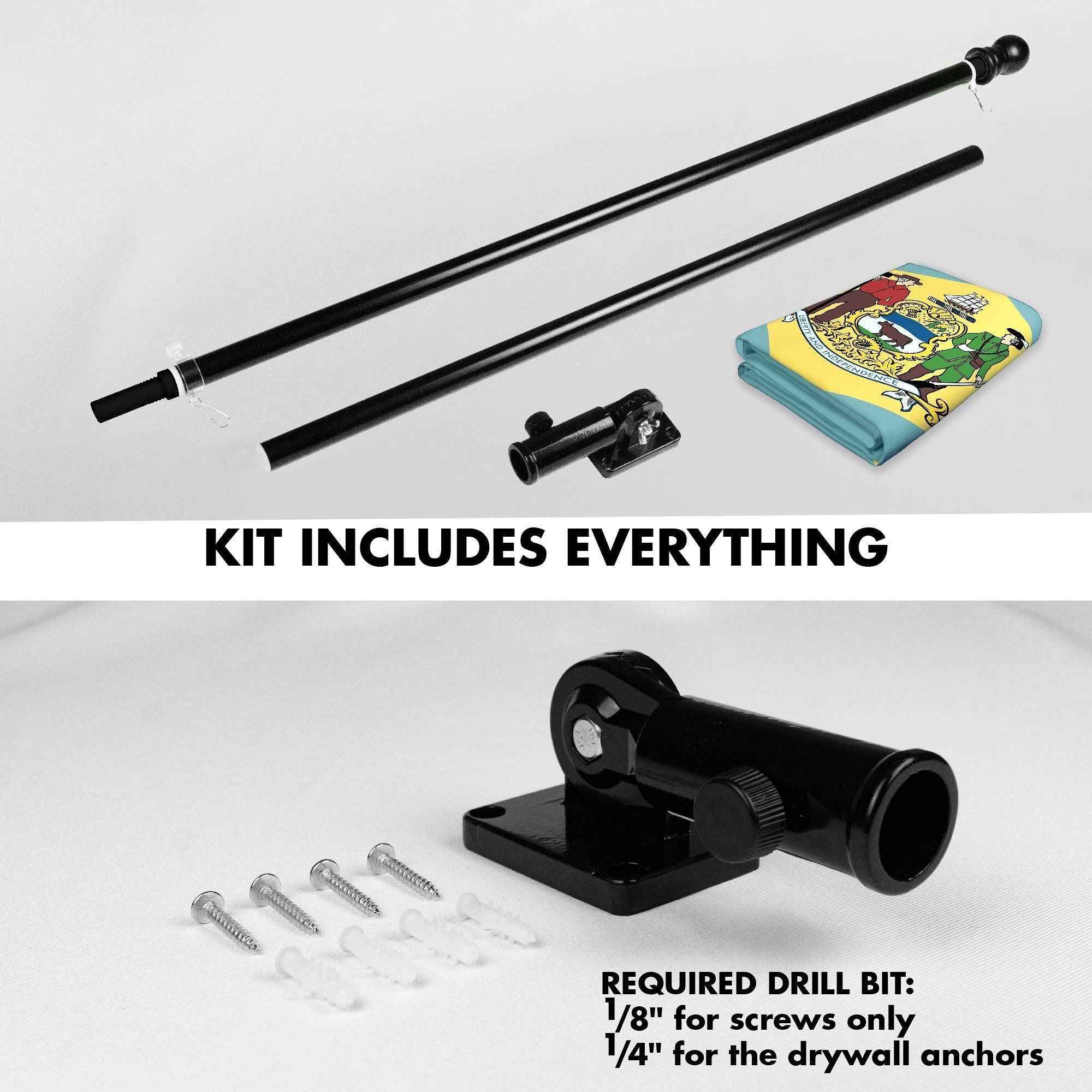 G128 Combo Pack: 6 Ft Tangle Free Spinning Flagpole (Black) & Delaware Flag 3x5 Ft Printed 150D Polyester, Brass Grommets (Flag Included) Aluminum Flag Pole