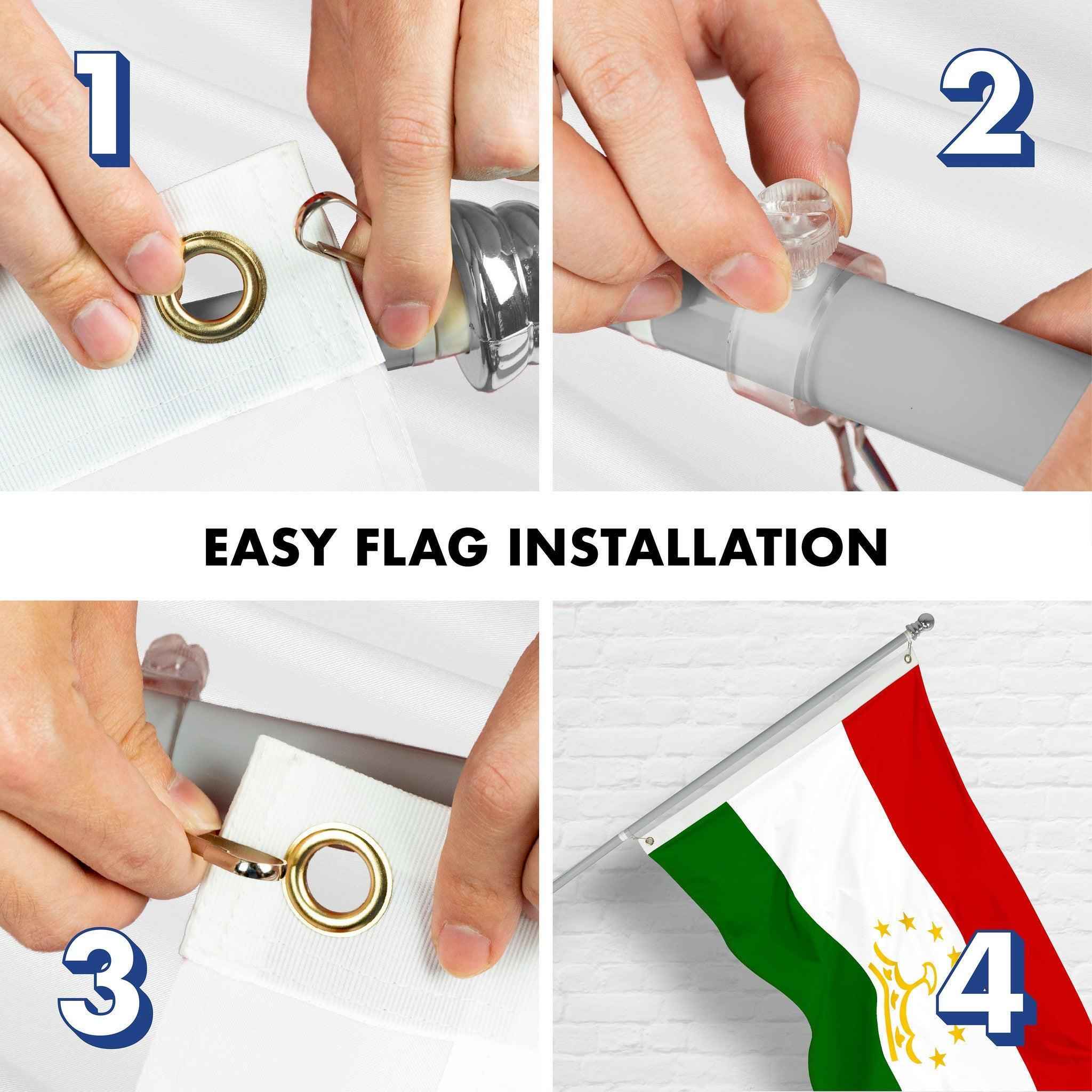 G128 Combo Pack: 6 Ft Tangle Free Spinning Flagpole (Silver) & Tajikistan Flag 3x5 Ft Printed 150D Polyester, Brass Grommets (Flag Included) Aluminum Flag Pole