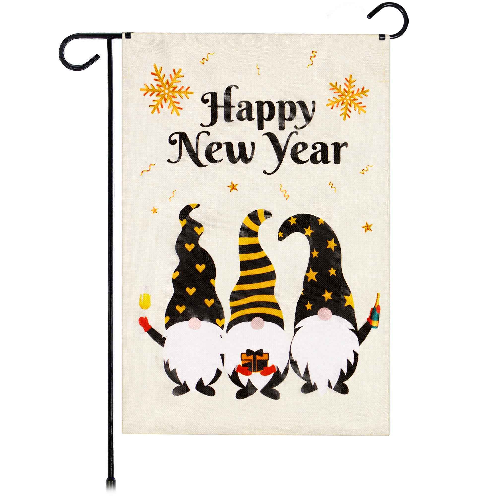 G128 Garden Flag Happy New Year Three Celebrating Gnomes 12"x18" Burlap Fabric