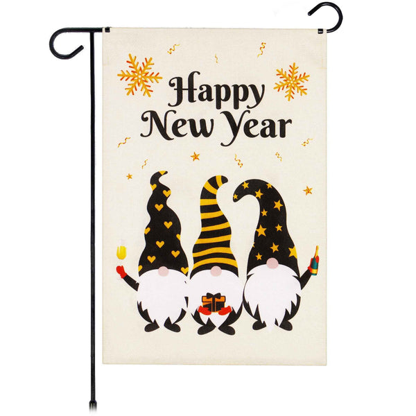 G128 Garden Flag Happy New Year Three Celebrating Gnomes 12"x18" Burlap Fabric