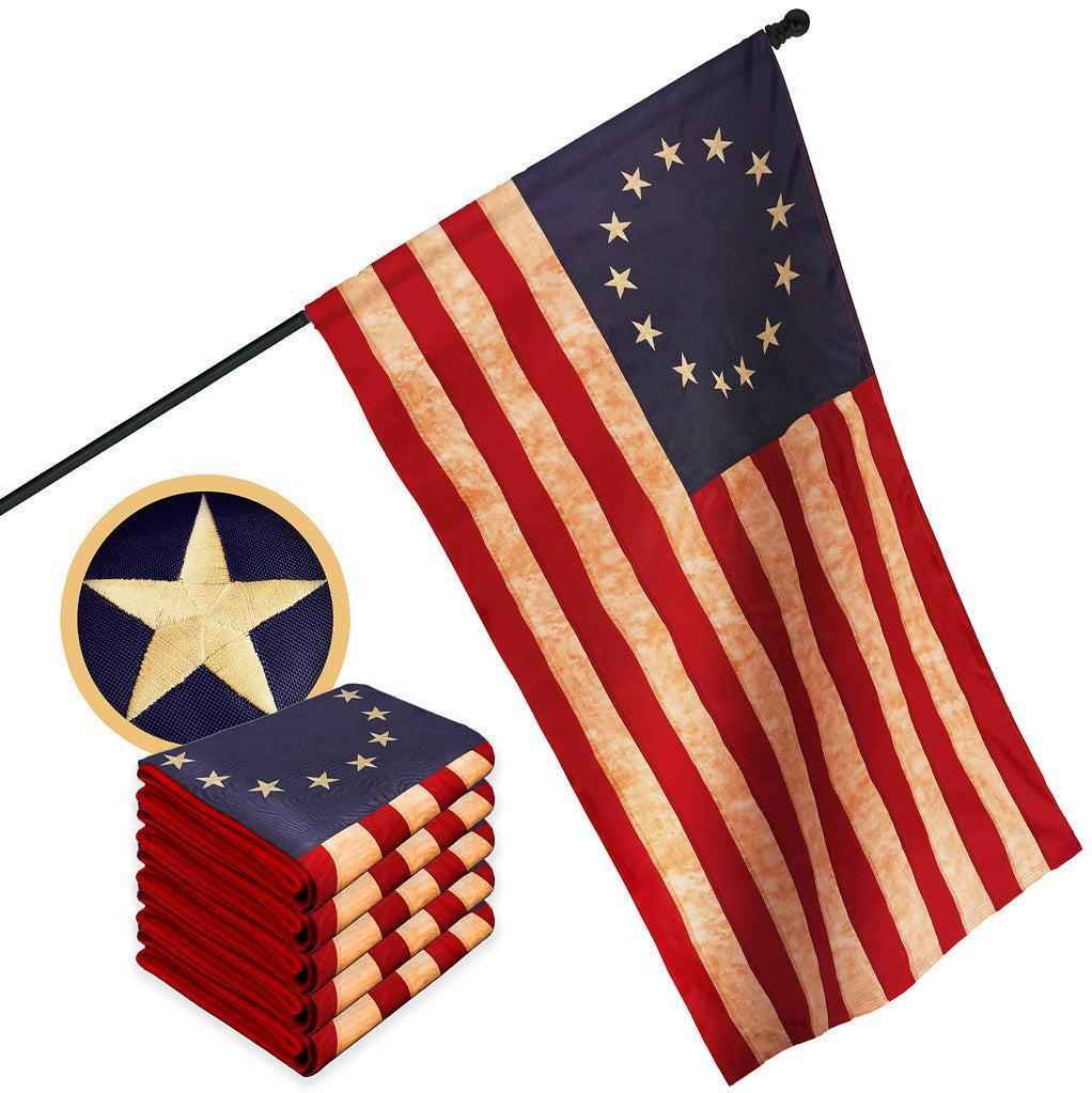 G128 5 Pack: Betsy Ross Tea-Stained Flag | 2.5x4 Ft | ToughWeave Pro Series Pole Sleeve Embroidered 420D Polyester | Historical Flag, Embroidered Design, High Quality, NO Flagpole Included